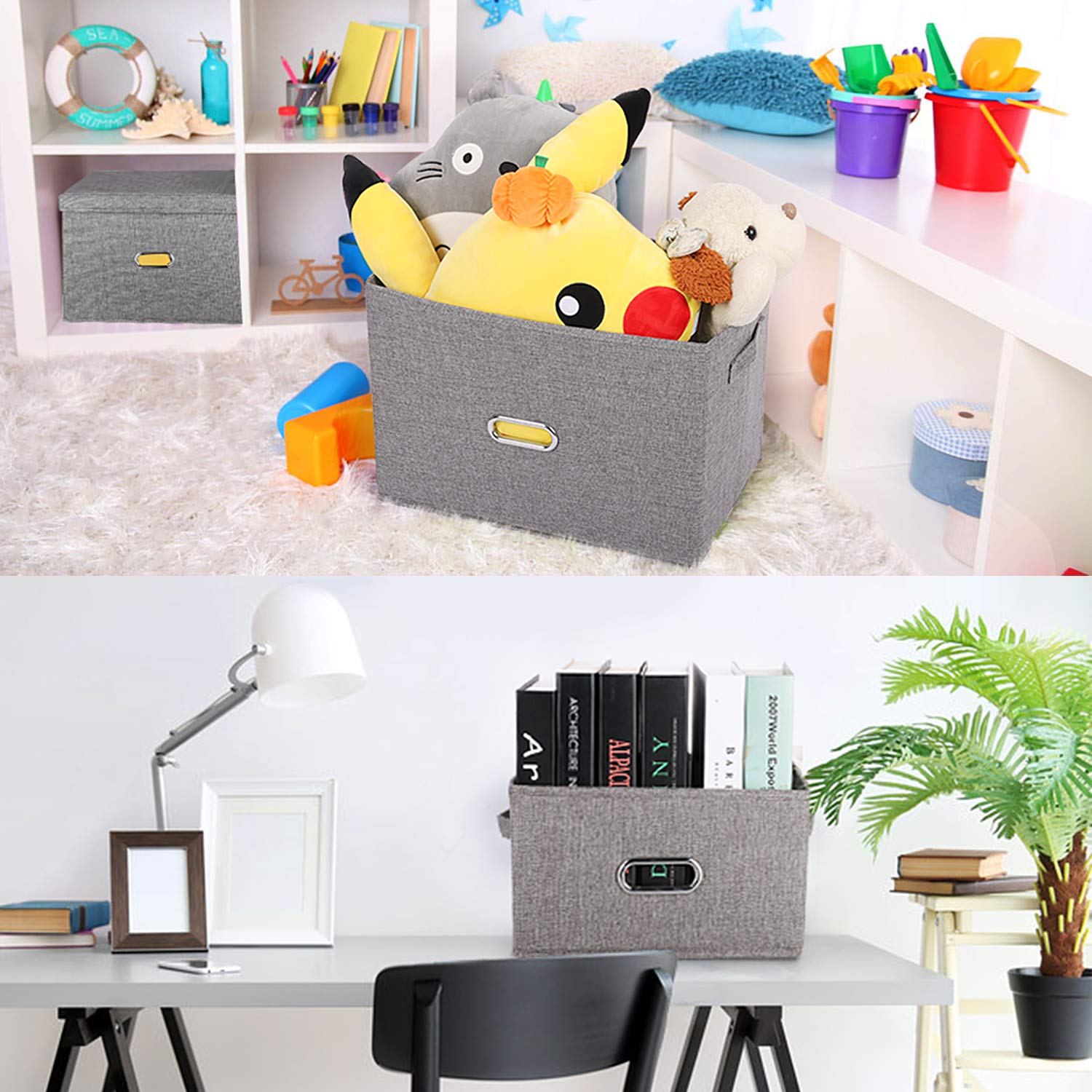 Valease Linen Fabric Collapsible Storage Bins with Removable Lids and Handles  Washable Storage Box Containers Baskets Cube with Cover for Bedroom Closet Office Living Room Nursery (Grey  Medium)