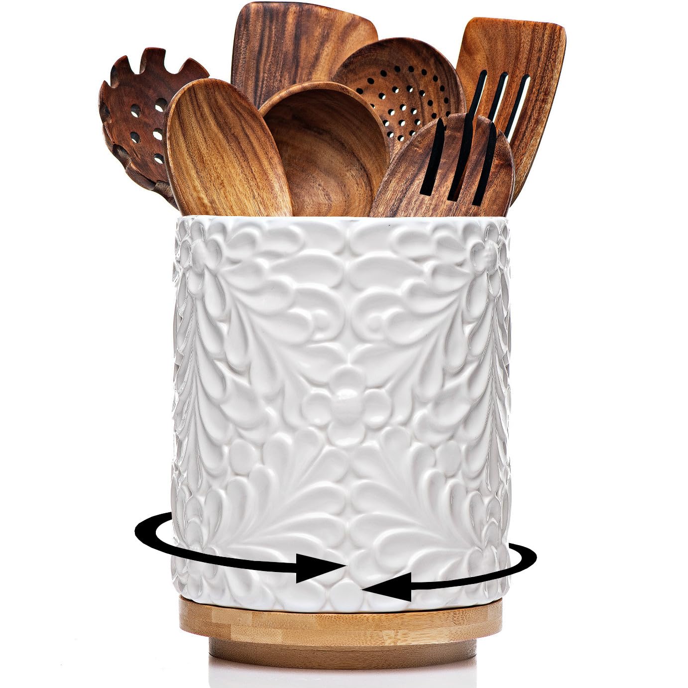 25DOL 360 Rotating Utensil Holder, 8.3Inch Ceramic Crock with Bamboo Base