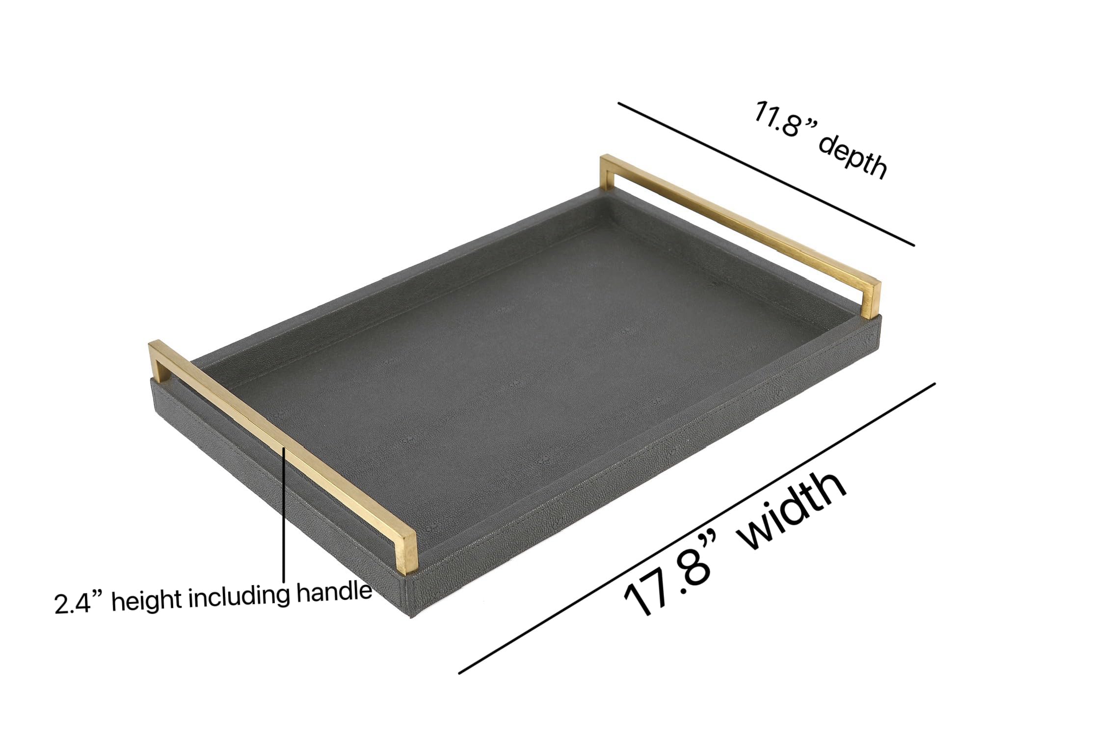 Wv 17.8 * 11.8'' Grey Shagreen Large Serving Tray With Brushed Gold Handle,Faux Leather Home Decorative Tray, Coffee Table Tray