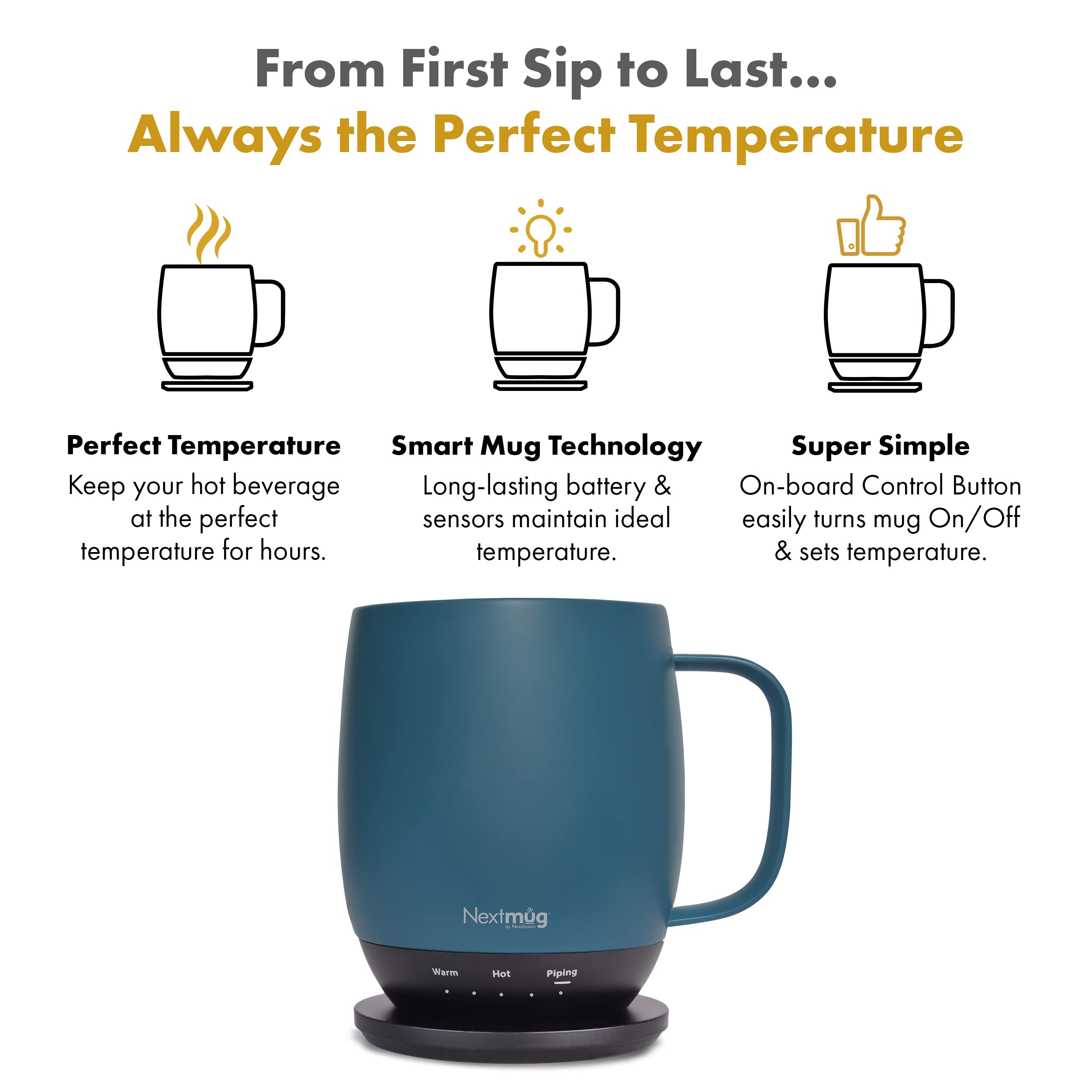 Nextmug Temperature-Controlled Self-Heating Coffee Mug 14 oz. Slate Blue Ceramic Matte Finish Model MMA-1122