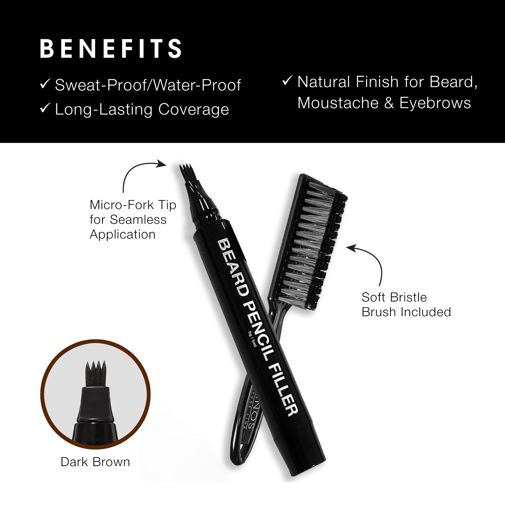 Pacinos Beard Pencil Filler - Water Proof, Long Lasting Coverage  Natural Finish - Beard, Moustache  Eyebrows - Micro-Fork Tip F