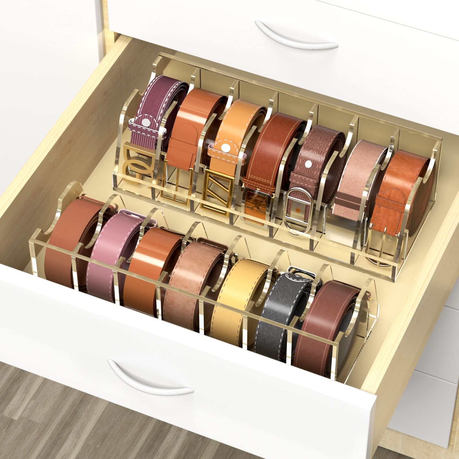 Niubee Belt Organizer, Acrylic Belt Storage Holder For The Closet And Drawer, 7 Compartments Belt Box With Display Stand