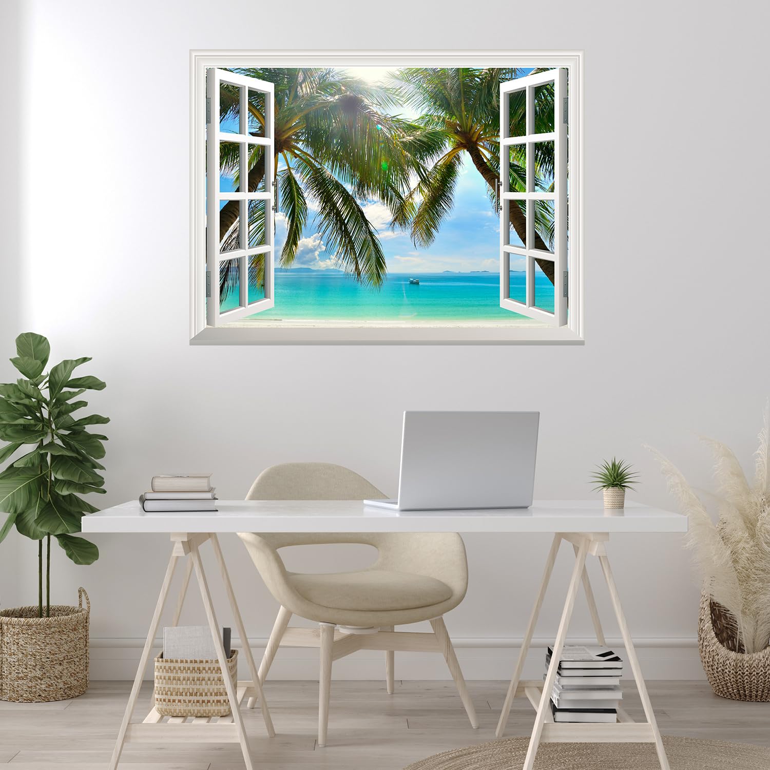 wall26 Removable Wall Sticker - Tropical Beach Mural 36"x48" - Vinyl Decor with Palm Trees - Model WMR2-104-36x48@9