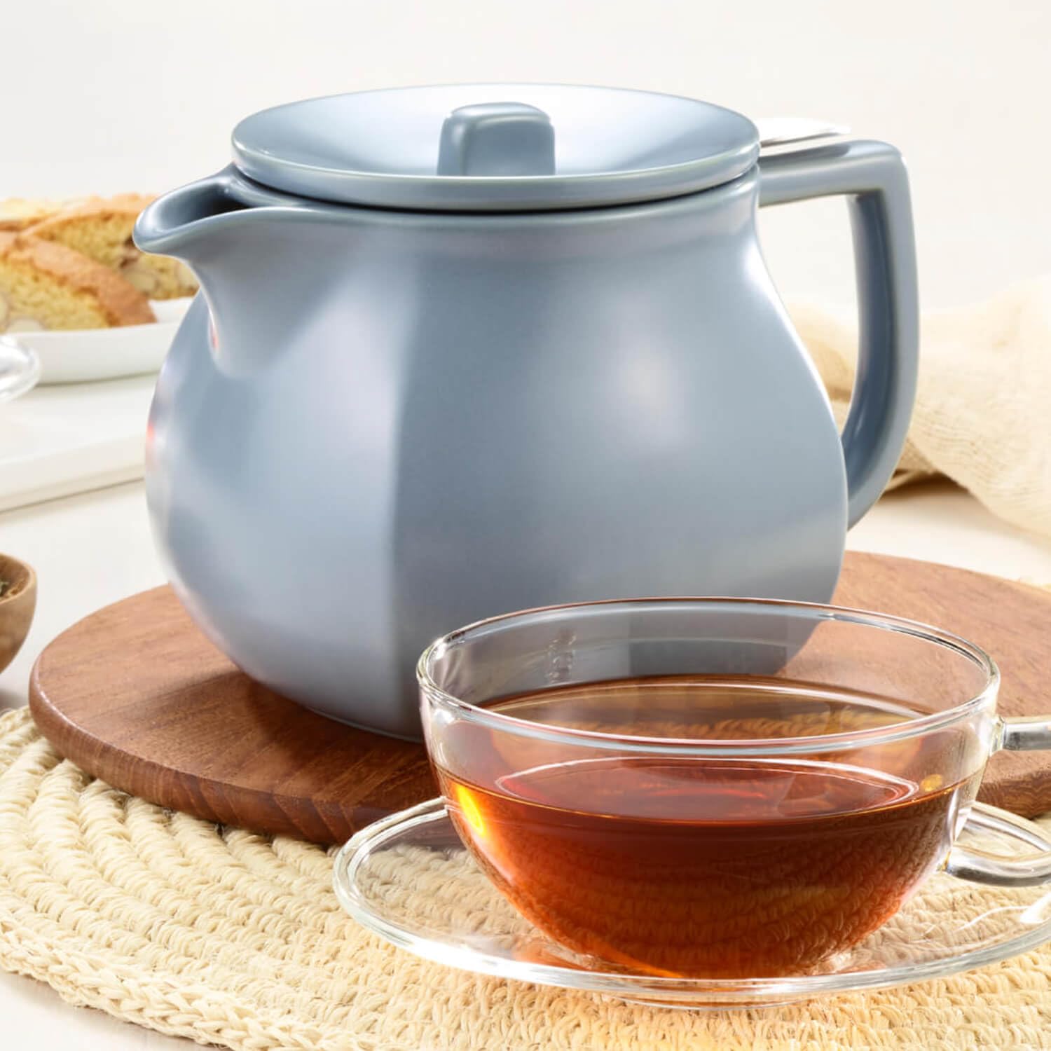 Tea Forte Fiore Ceramic Teapot With Infuser And Lid, Stone Blue, 24 Oz. Ceramic Pot For Steeping Loose Leaf Tea, Dishwasher & Mi