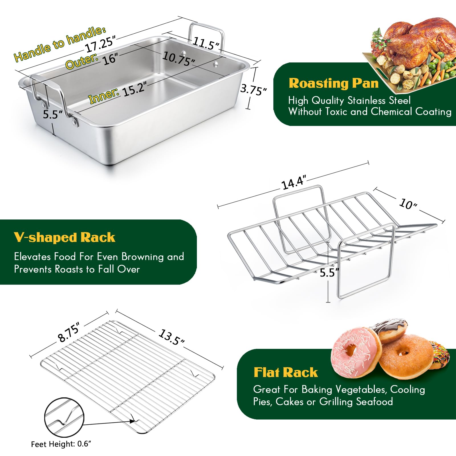 Roasting Pan, E-Far 16 X 11.5 Inch Stainless Steel Turkey Roaster With Rack - Deep Broiling Pan & V-Shaped Rack & Flat Rack, Non