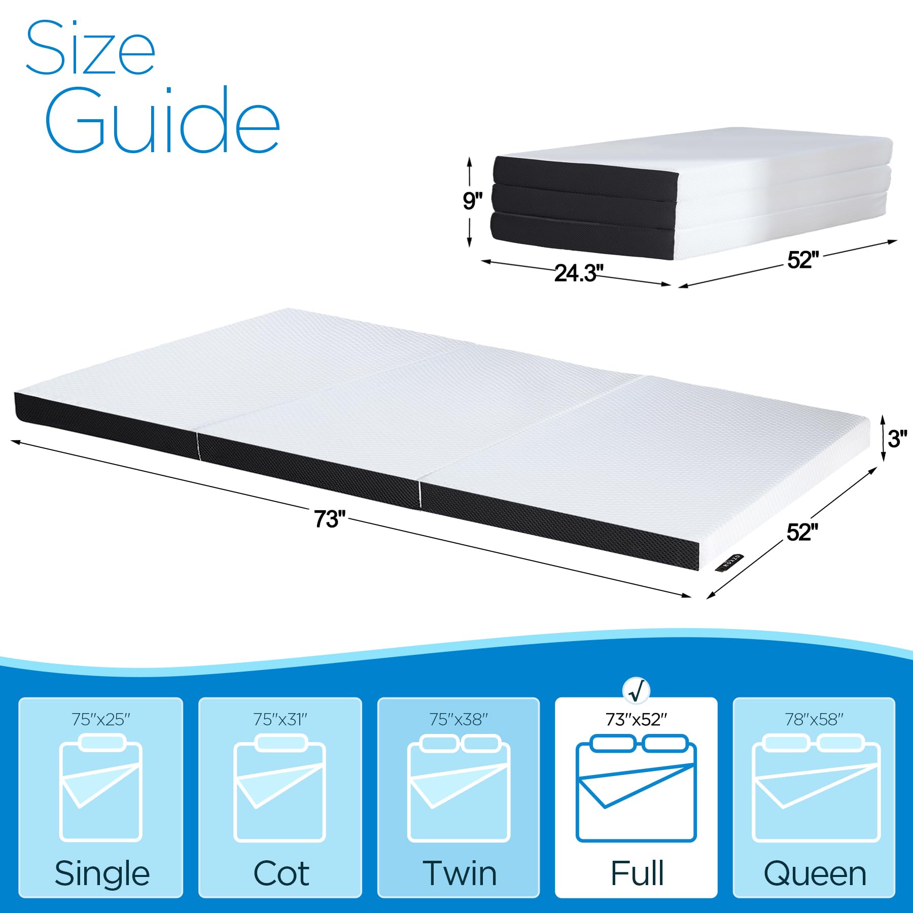 Roxzo Mattresses Toppers 3 Inches, Tri Fold Memory Foam Mattress,Ventilated Design,Removable And Washable Cover,No-Slip Design,E