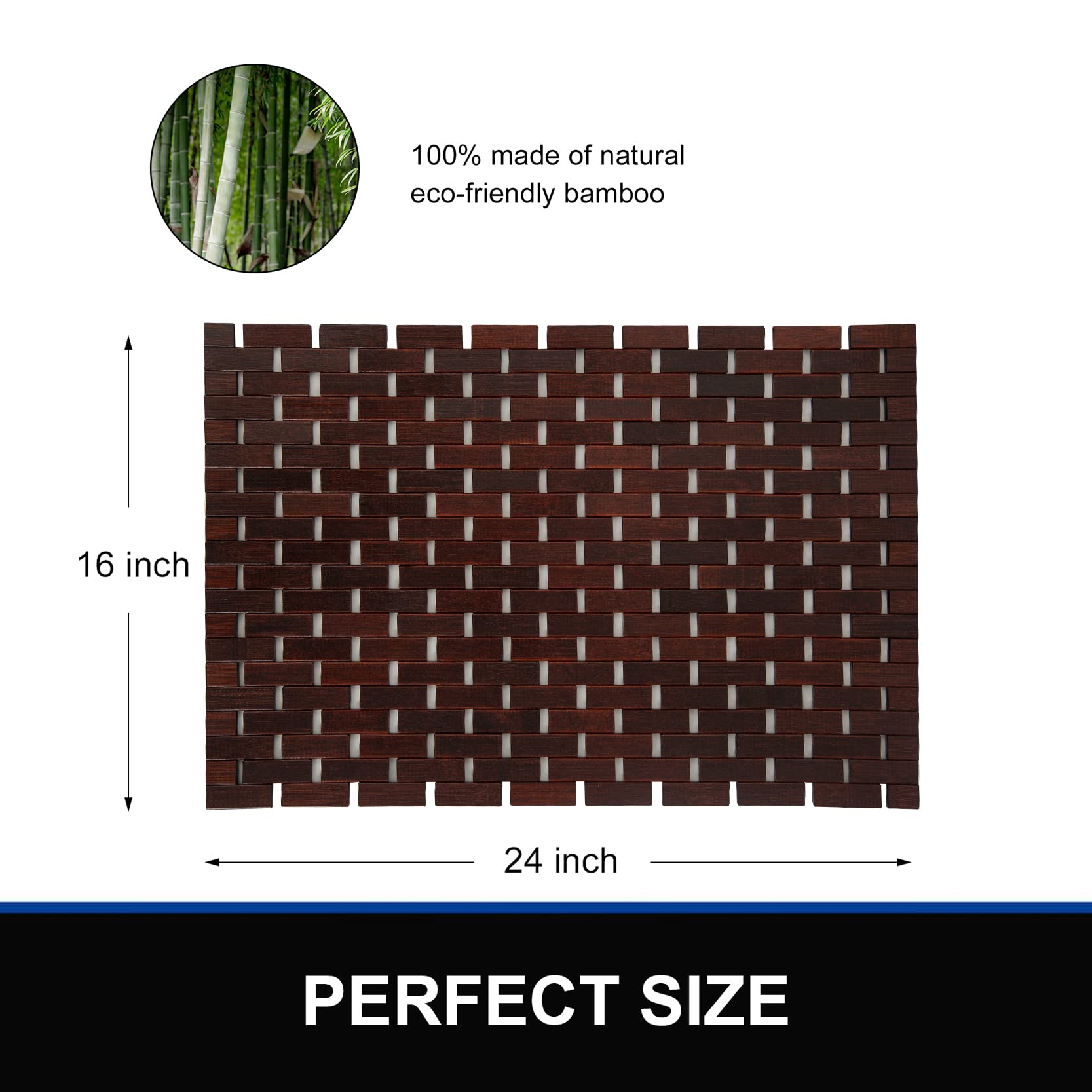 Bamboo Bath Mat Bathroom Rugs Floor Wood Shower Bathtub Waterproof Non Slip Brown Accessories 16x24 Inch Easy to Clean  2 pcs