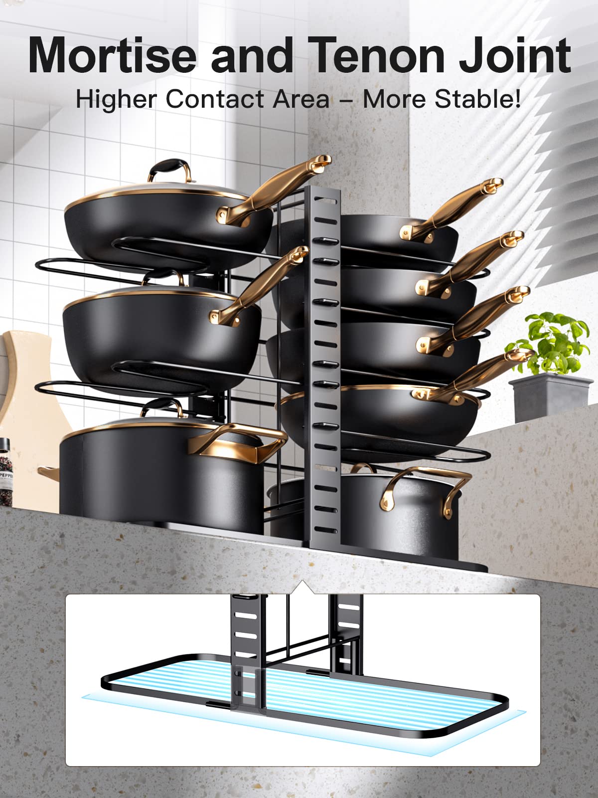 Mudeela Pots And Pans Organizer : Rack Under Cabinet, 8-Tier Kitchen Cabinet Organizers And Storage, Light-Duty Adjustable Pot R