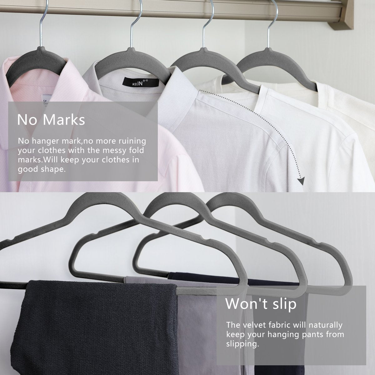 Mizgi Premium Velvet Hangers (50 Pack) Heavyduty - Non Slip Felt Hangers - Velvet Suit Hangers Gray - Chrome Hooks,Space Saving
