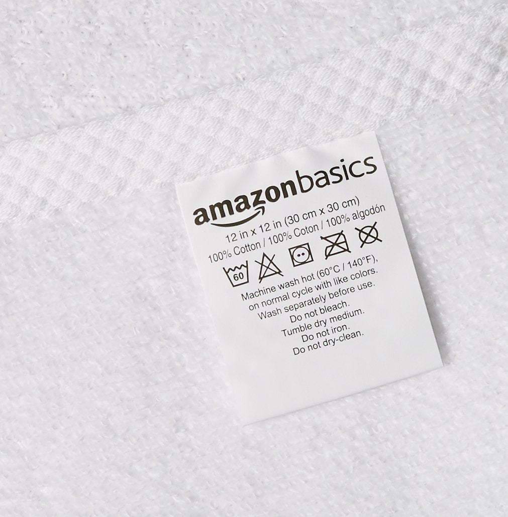 Amazon Basics Cotton Washcloths, Quick-Dry, 12'' X 12'', 12-Pack, White