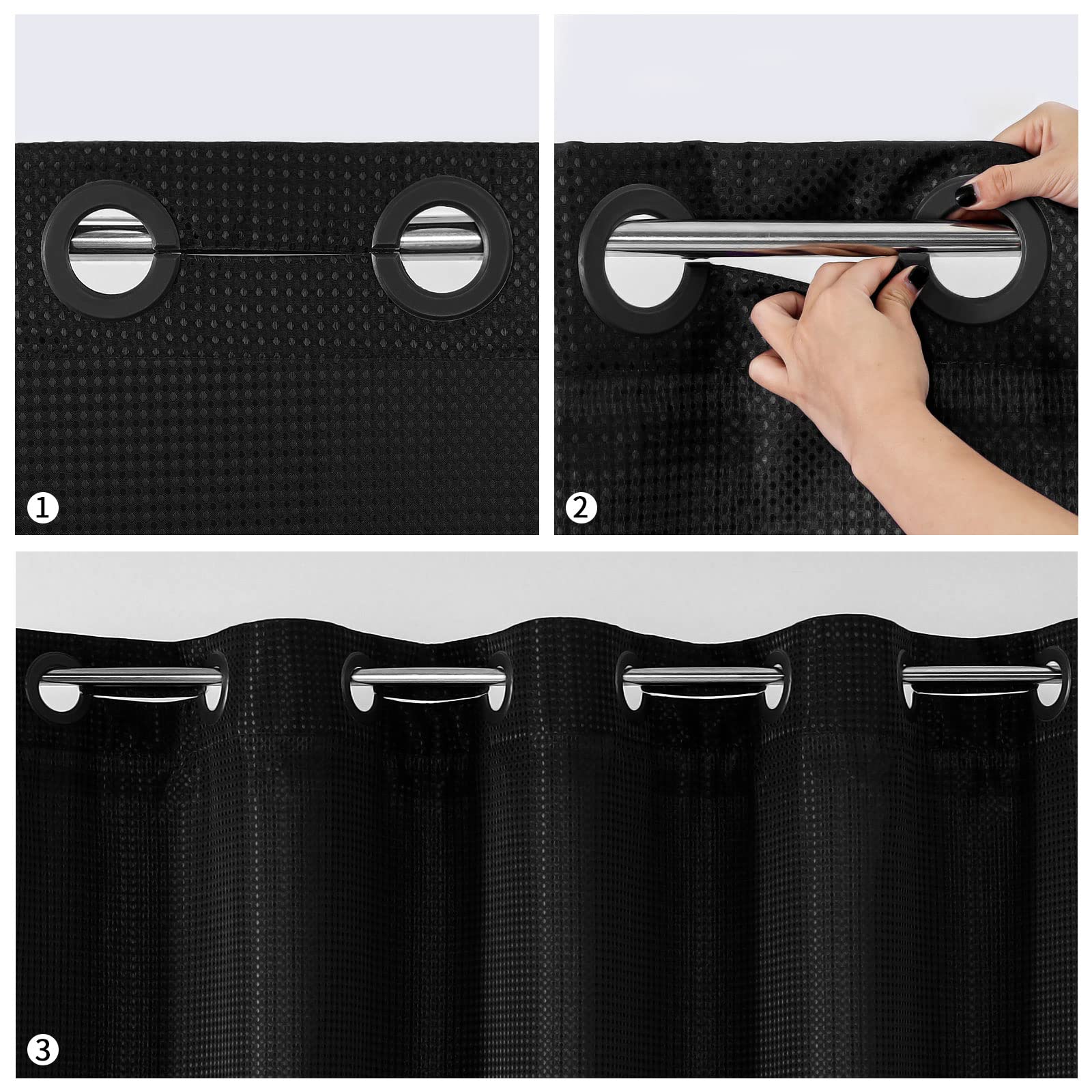 Mitovilla No Hooks Needed Black Waffle Shower Curtain Set With Snap-In Liner, Modern Waffle Weave Heavy Duty Fabric Cloth Shower