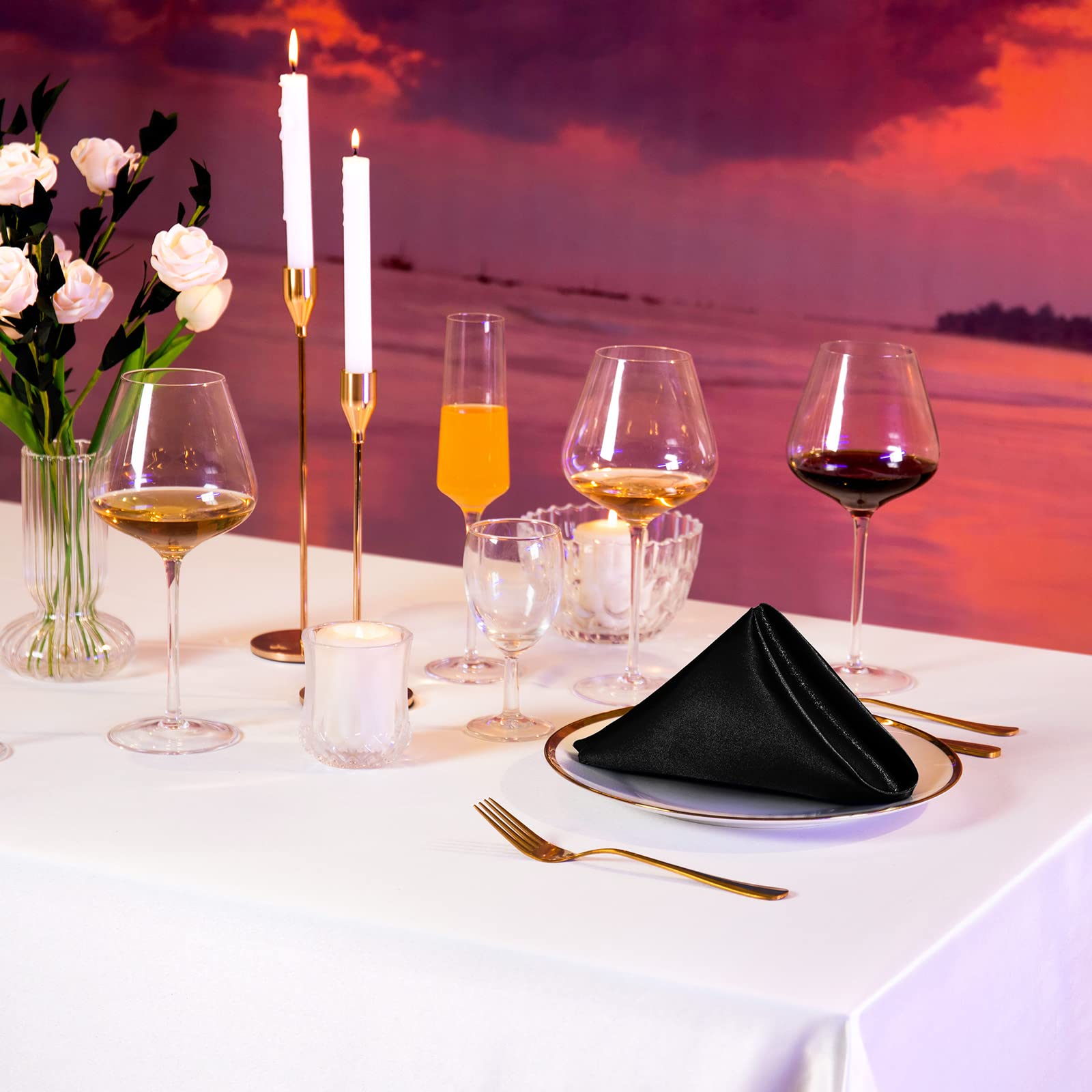 Manyshofu 6 Pieces Black Satin Scalloped Napkins - 18X18 Inches Cloth Satin Napkins, Square Satin Fabric Napkin Set - Smooth & R