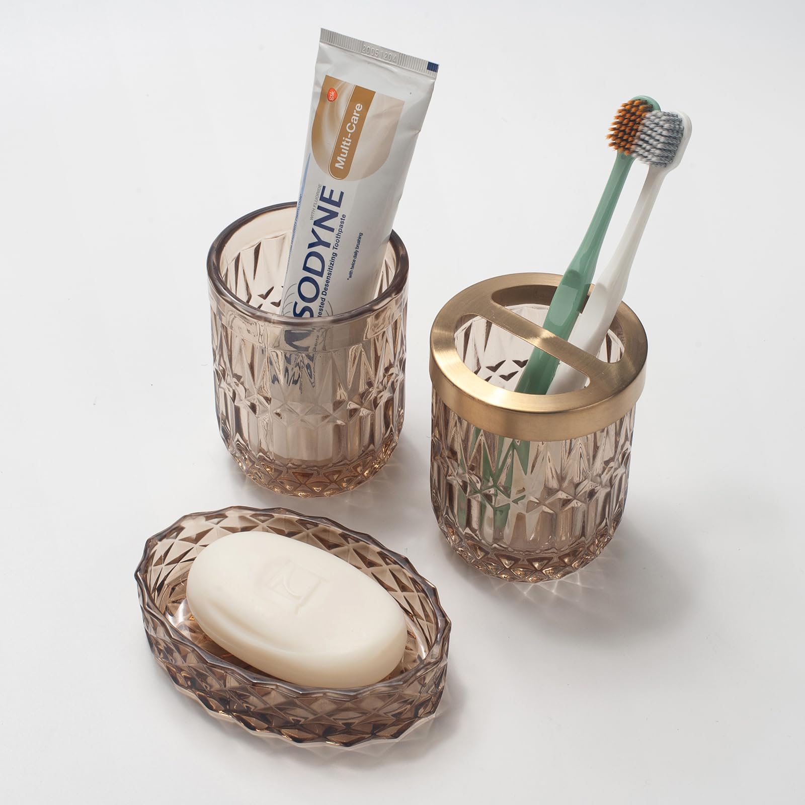 Ivailex 5Pcs Amber Brown Glass Bathroom Accessories Sets Of Lotion Dispenser, Soap Dish, Toothbrush Holder, Tumbler, Cotton Swab