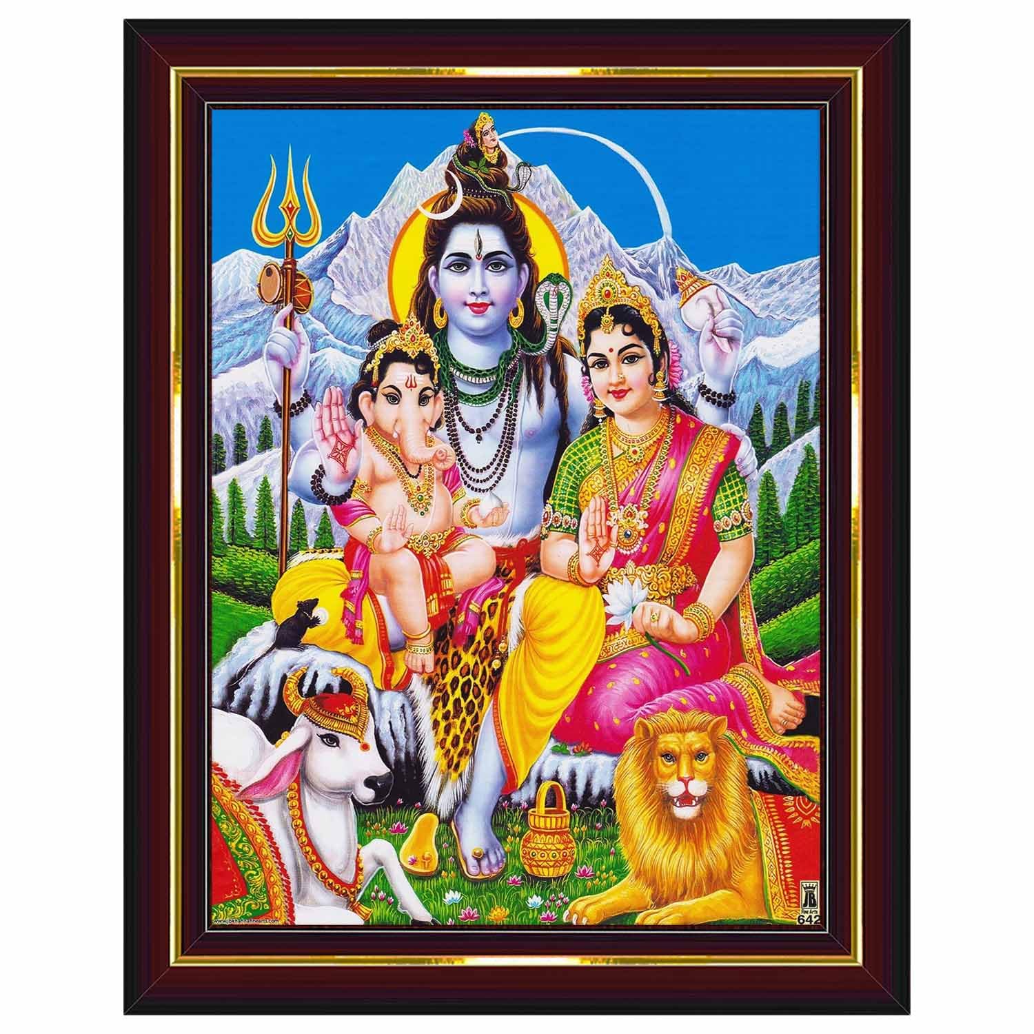Pavan Photo Laminations Shiv Parivar Family Siva Parvati Lord Shiva Wall Painting Framed Home Decor (Wood,Matte,Brown,Small Size