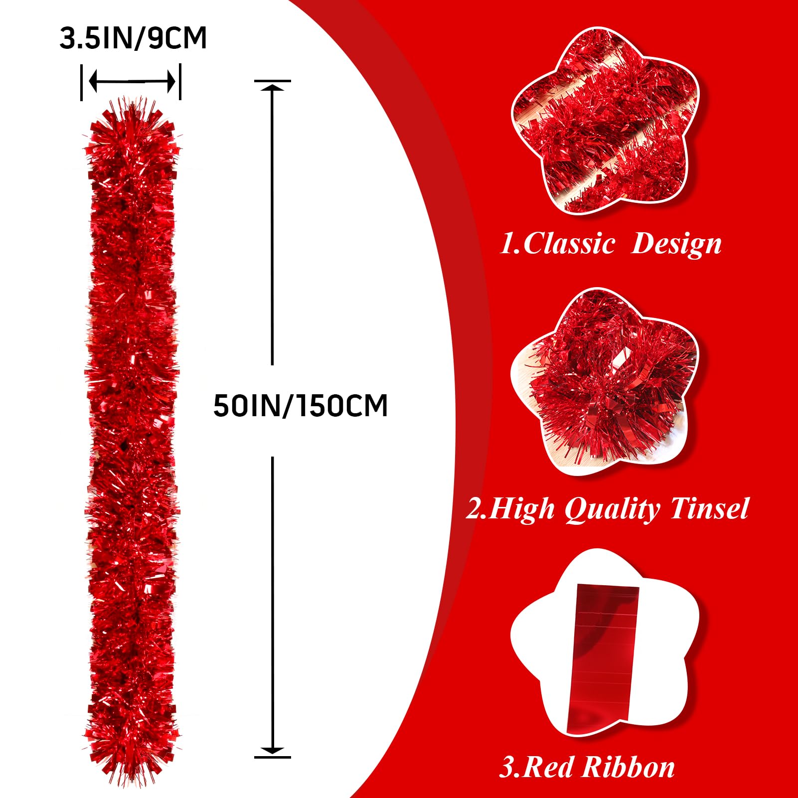 50Ft Red Christmas Garland Decorations,Xams Tinsel Stems Non-Lit Soft Twist Garland Decor for Tree Stairs Railing Front Door Man