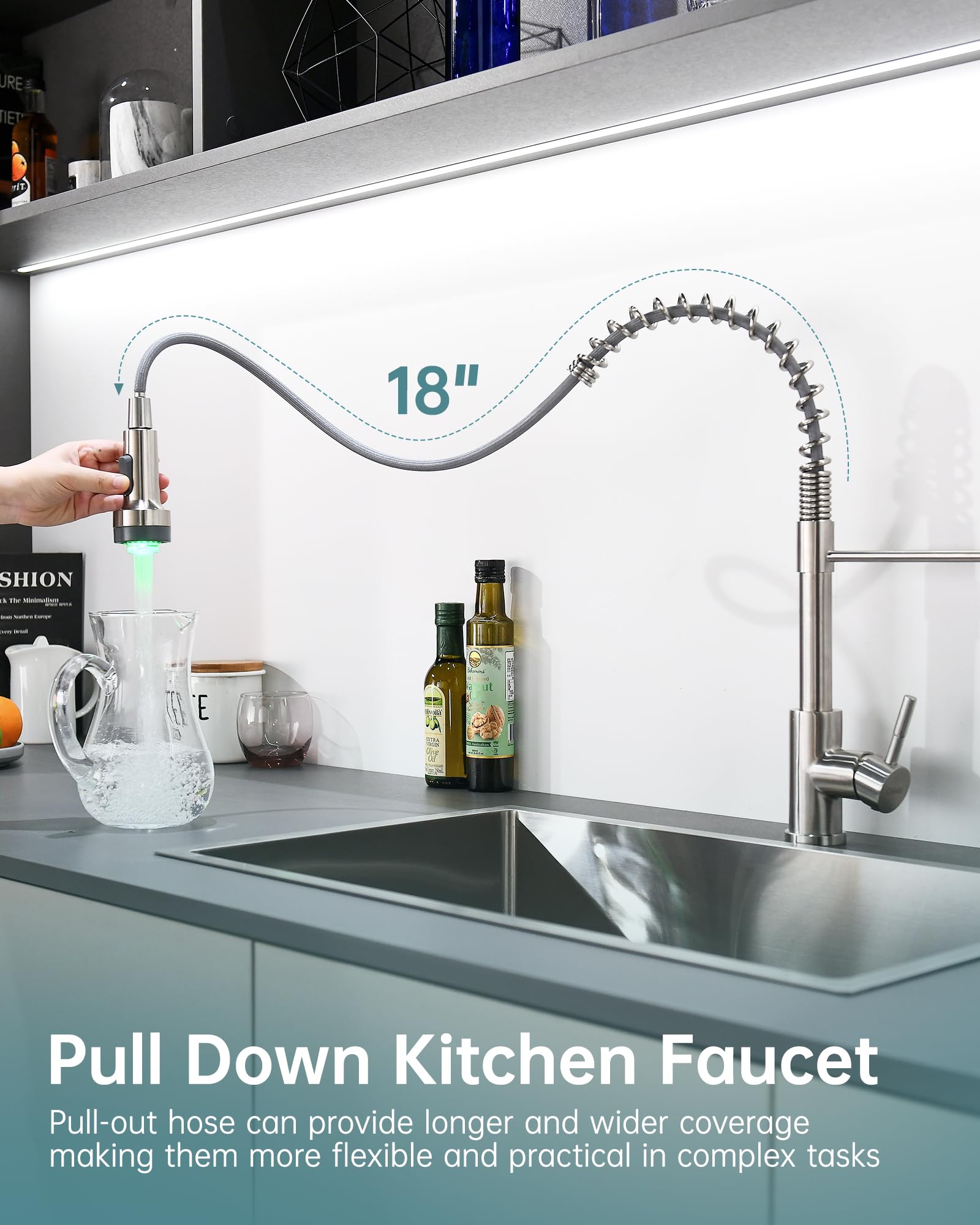 GIMILI LED Kitchen Faucet with Soap Dispenser  Modern Single Handle Spring Kitchen Sink Faucets with Pull Down Sprayer