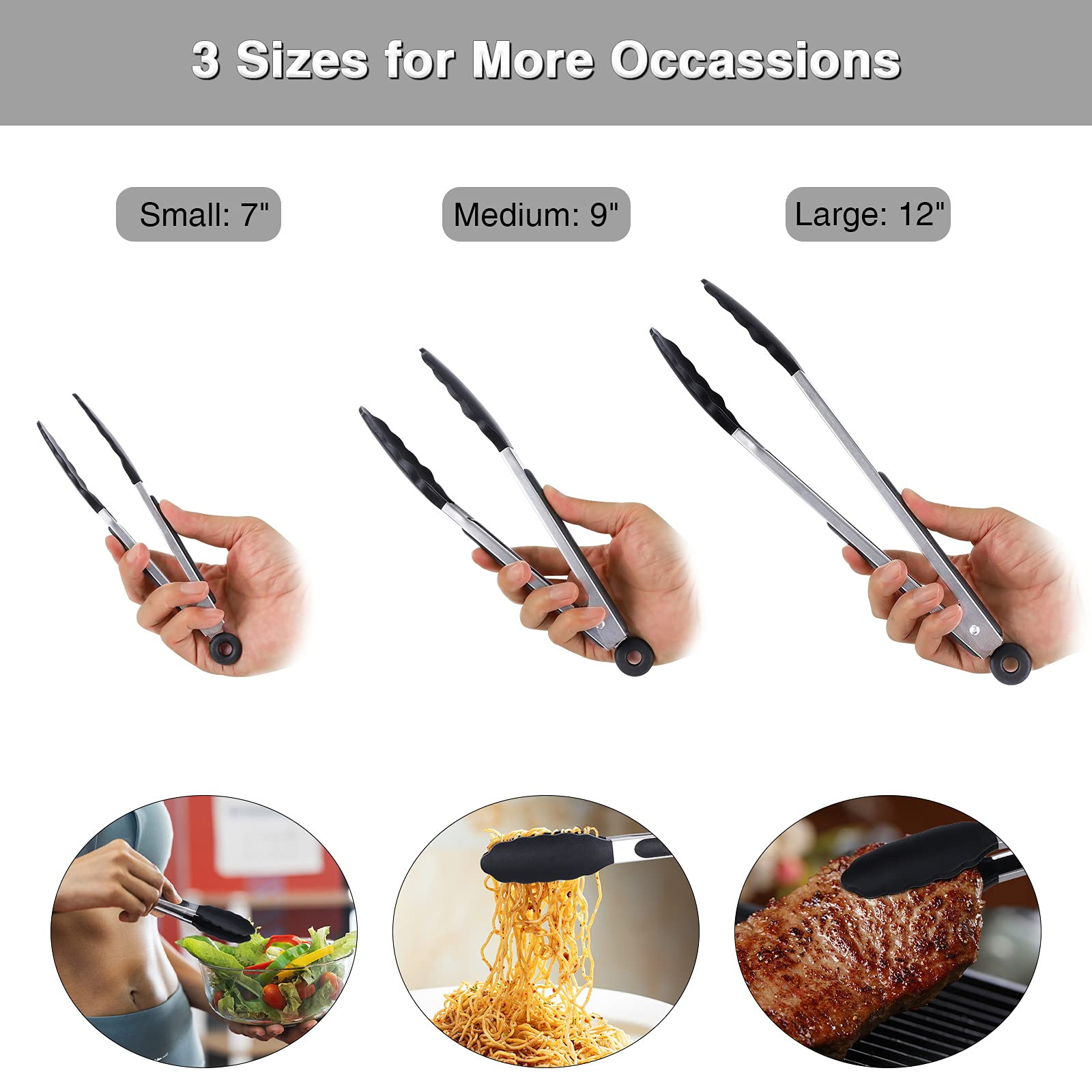 Kitchen Tongs Set of 3  Black Cooking Tongs with Silicone Tips  Stainless Steel Serving Tongs  Non-Stick Non-Scratch Heat Resistant Tongs for Grilling Cooking BBQ Buffet Salad (Black  7/9/12 Inch)