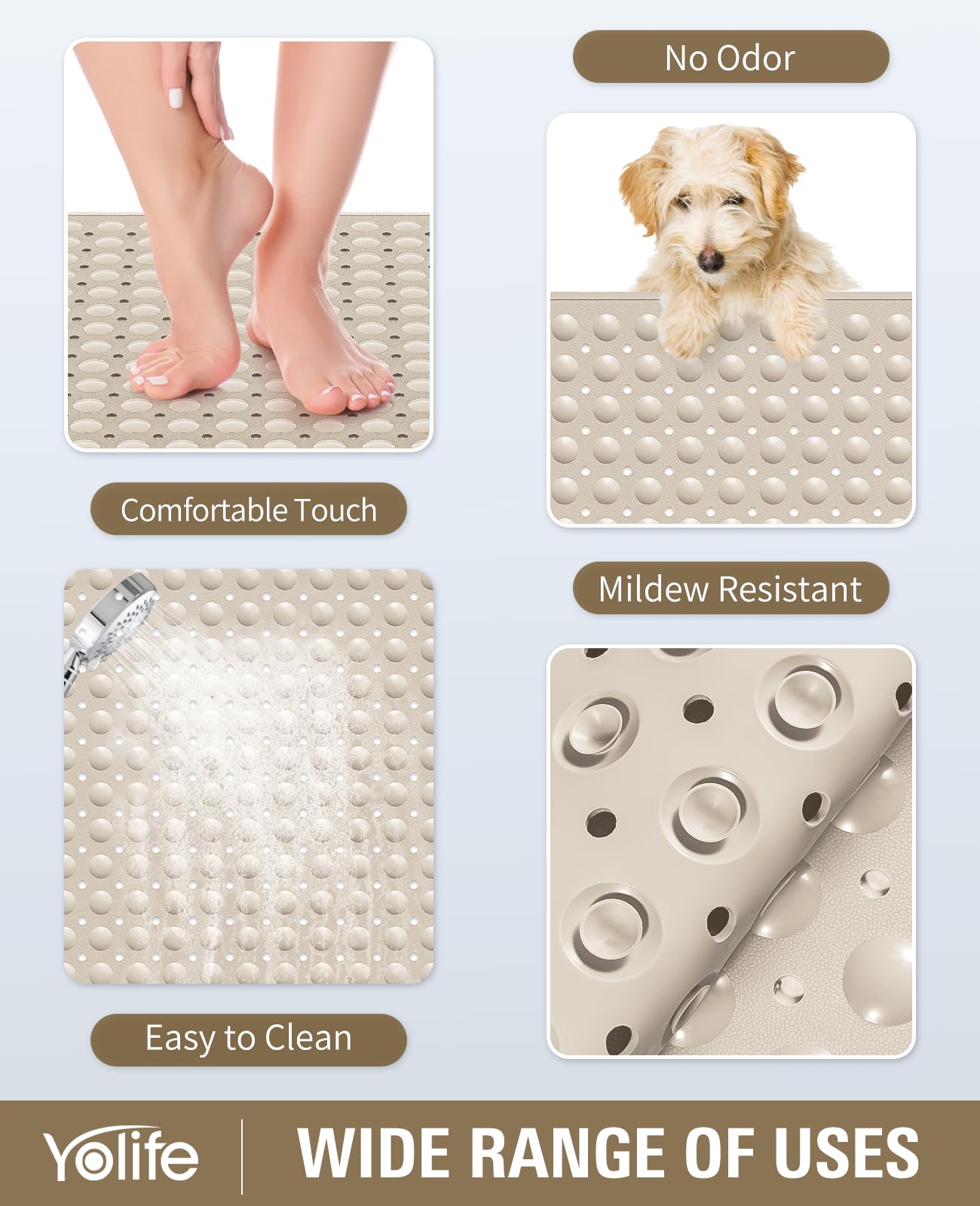Yolife Extra Large Shower Mat, 34.3'' L X 23.3'' W Tpe Anti Slip Stand Up Shower Mat With Drain Holes And Suction Cups, Large Si