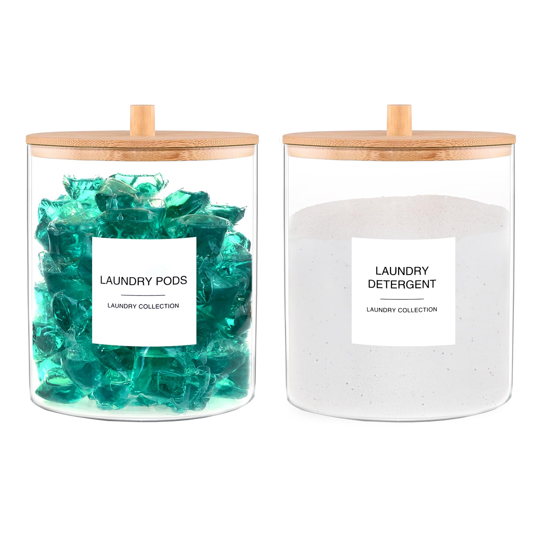 Glass Jars for Laundry Room Organization, Laundry Pods Container with 27 Labels, Detergent Holder with Bamboo Lid, Cute Storage 