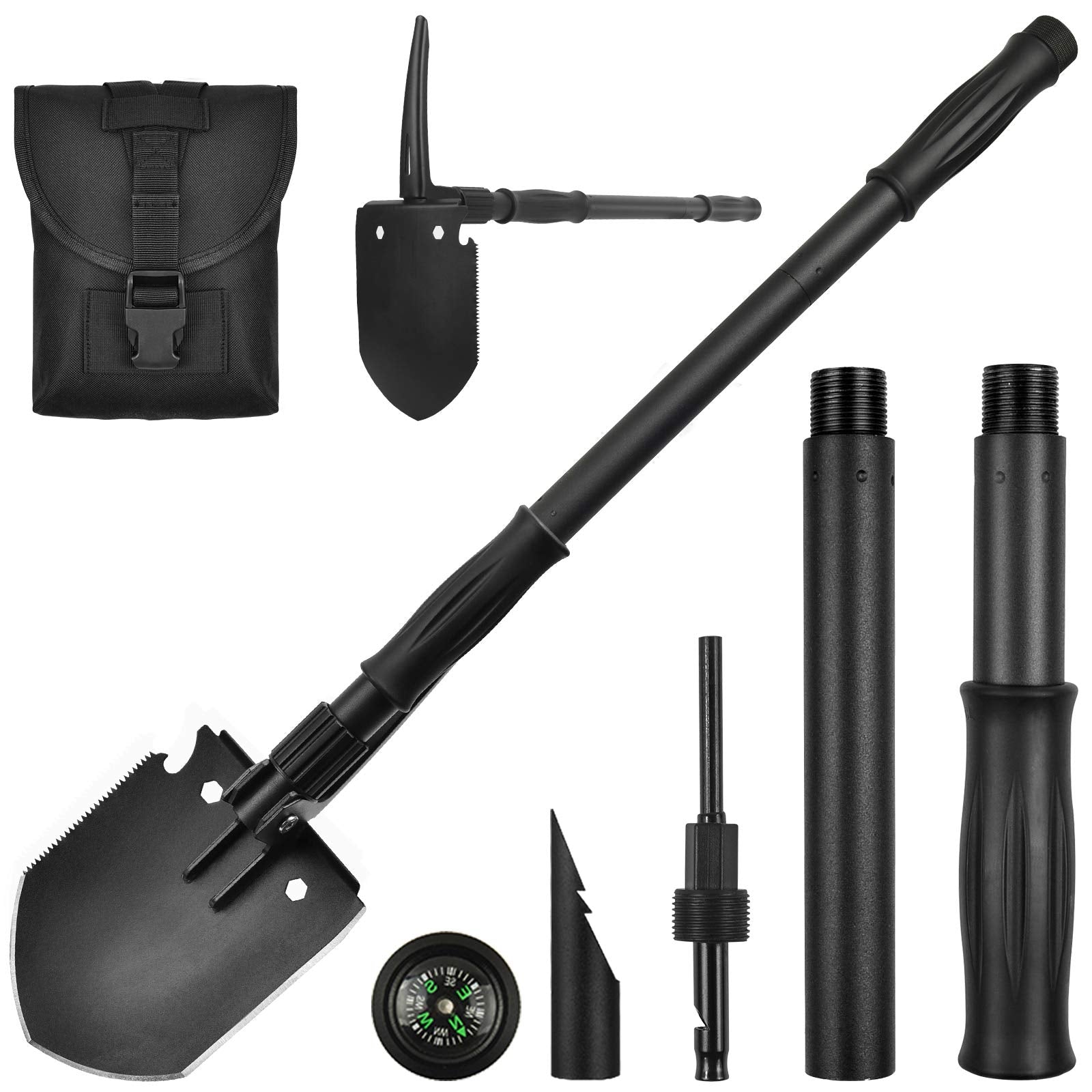 Survival Shovel, (28.3) Camping Folding Shovel, Military Spade Multitool, Tactical Trench Tool, with Pickaxe, Compass, Whistle
