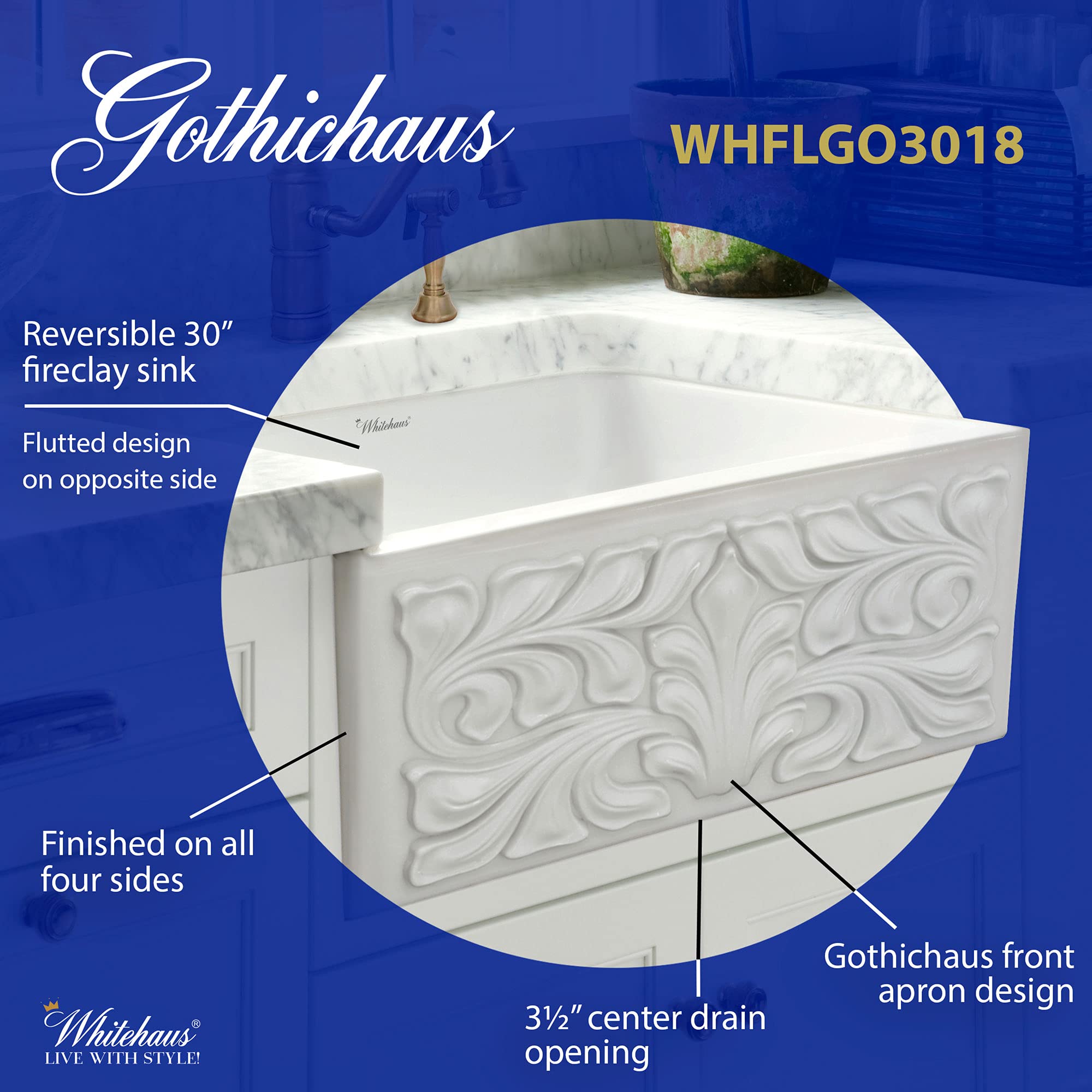 Whitehaus Whflgo3018-White Reversible Kitchen Fireclay Sink, 30 X 18 X 10, White