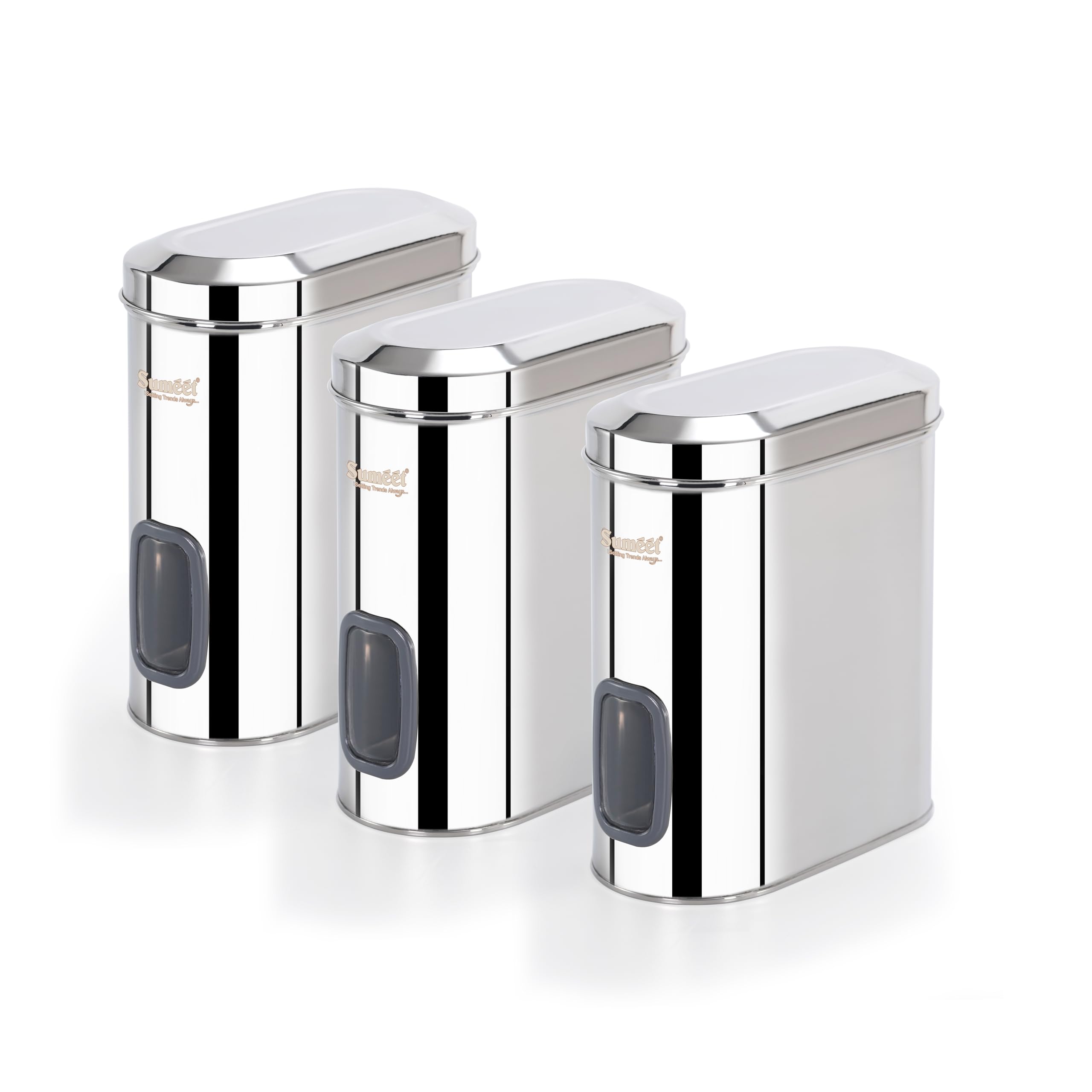 Sumeet ISI Certified Stainless Steel Capsul Canister Container for Kitchen Storage with See Through Window - Set of 3 Pcs - 2600ml  Silver