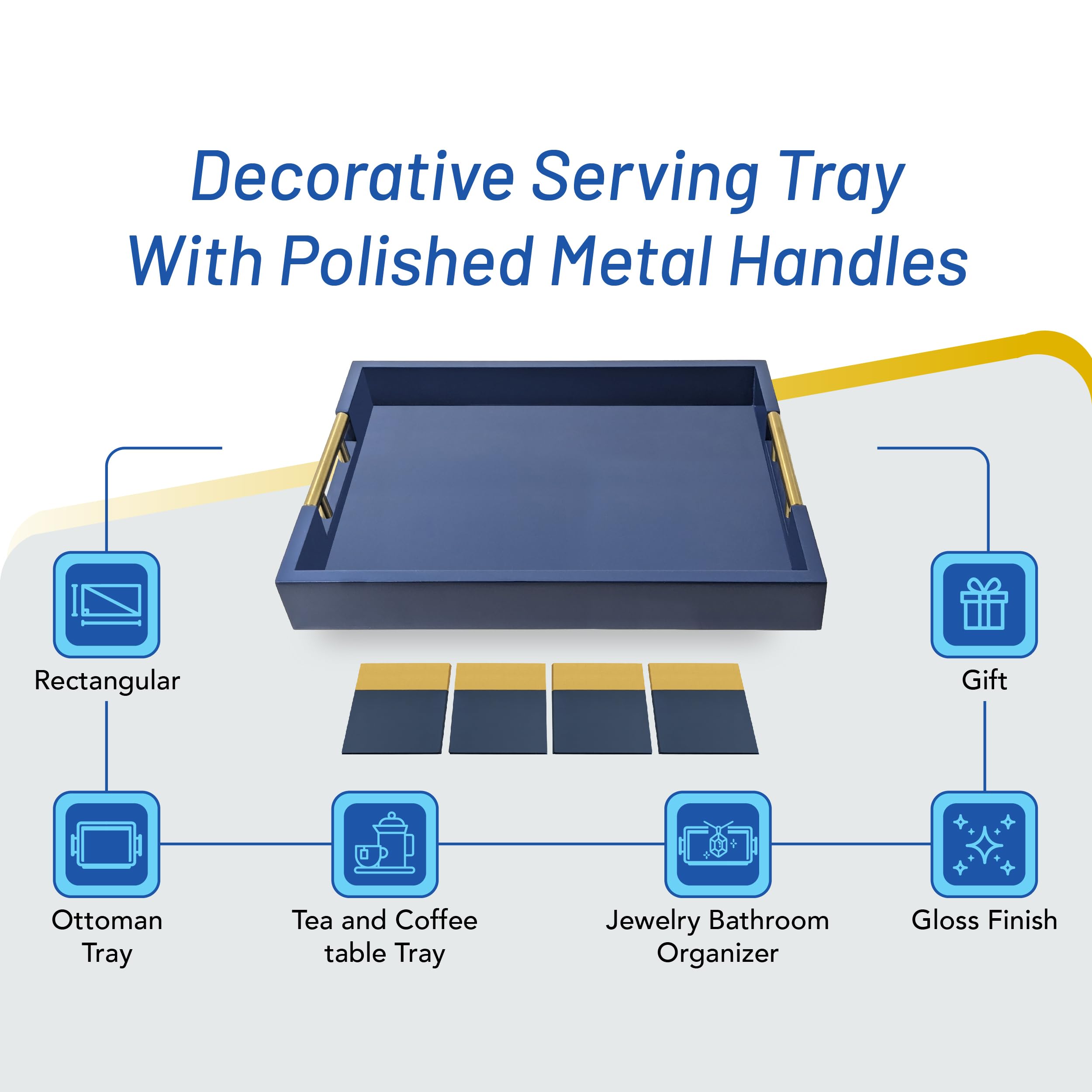 15.75'' X 11.75'' Decorative Rectangle Navy Blue Serving Tray With Handles Includes 4 Matching Coasters, Ottoman Tray - Tea And