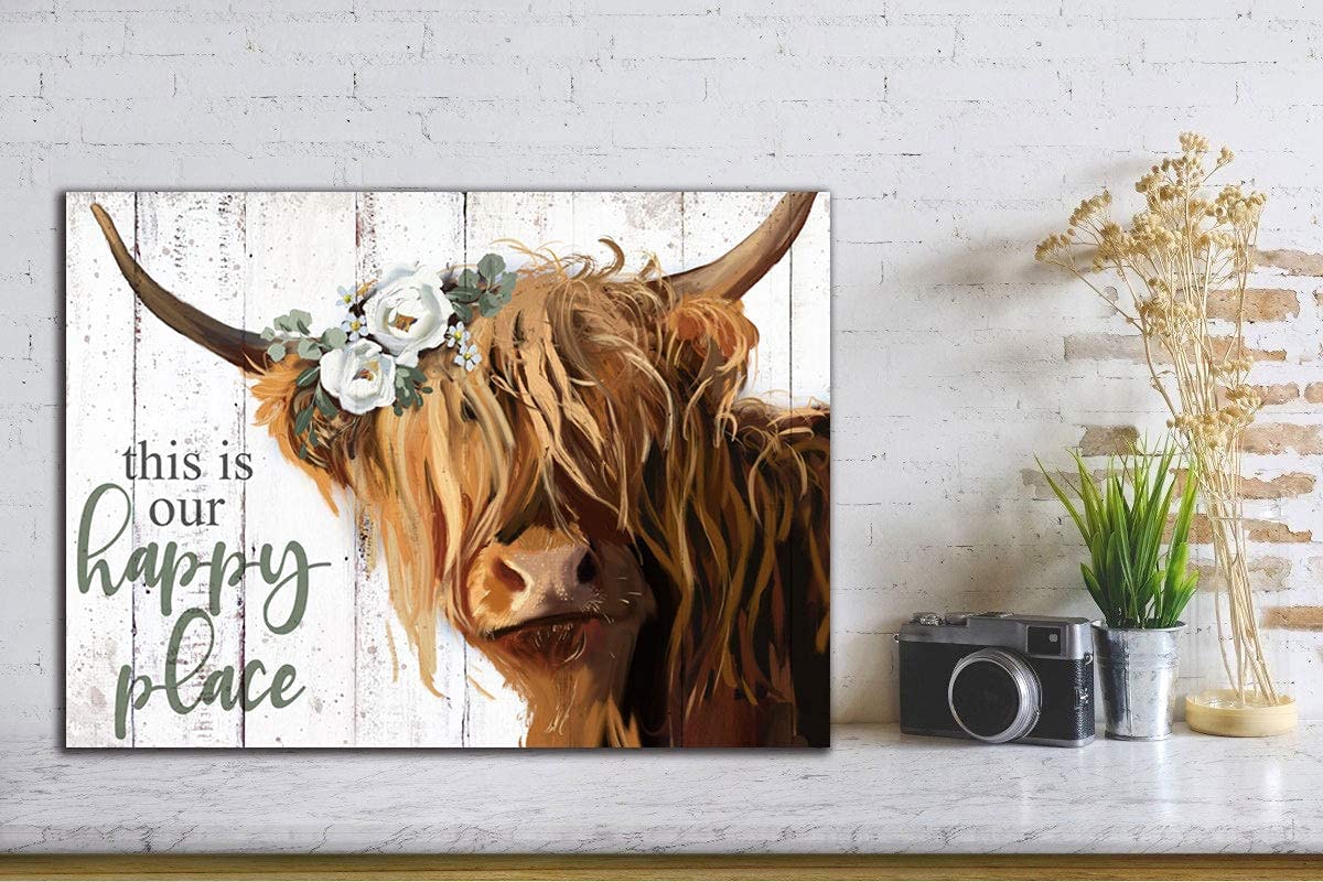 Highland Cow Wall Art - This Is Our Happy Place Inspirational Canvas Poster For Home - Long Haired Scottish Cow With White Flowe
