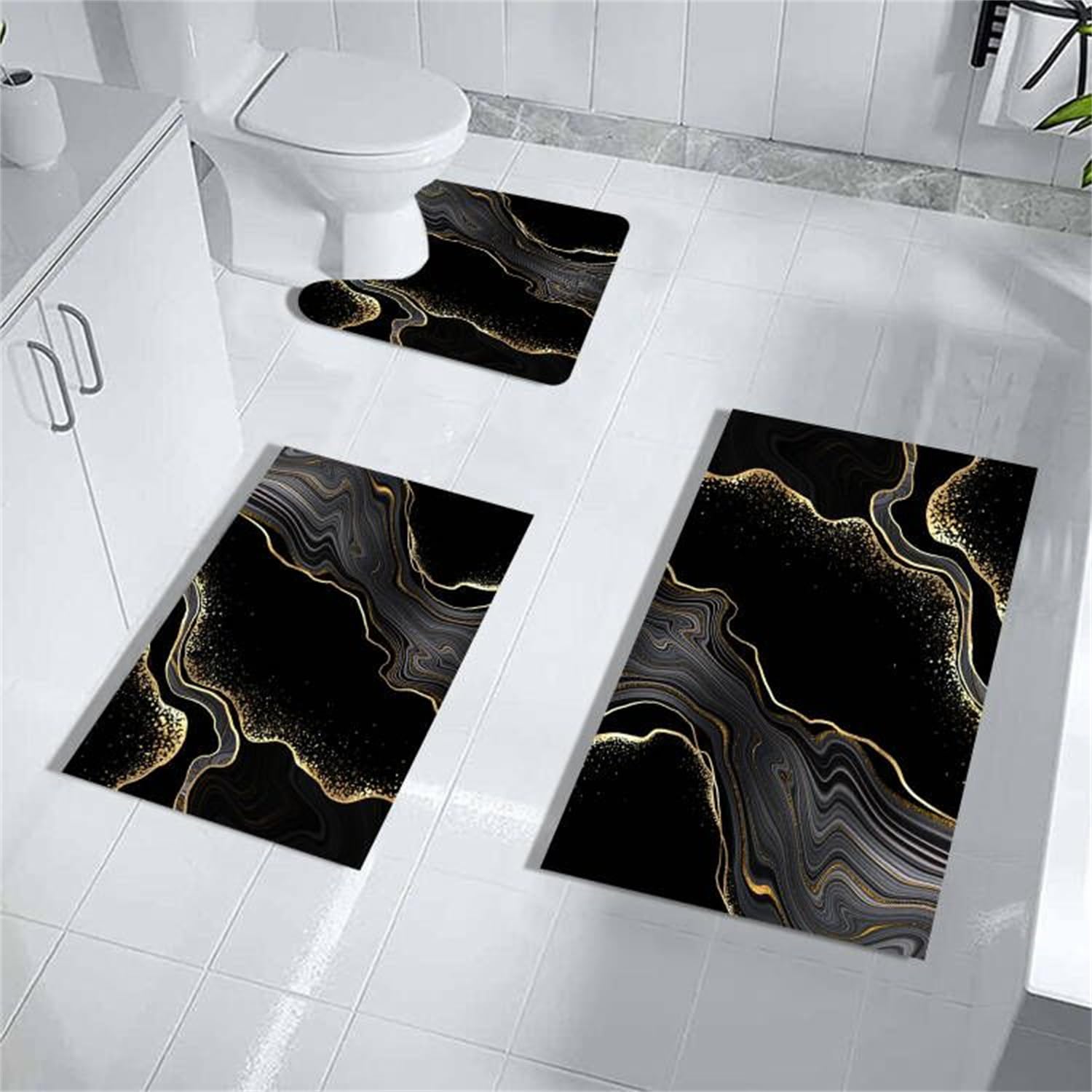 Black Gold Bathroom Rugs Sets 3 Piece Abstract Bath Mat Sets Thin Rubber Diatomaceous Earth Quick Dry Rugs Water Absorbent Floor