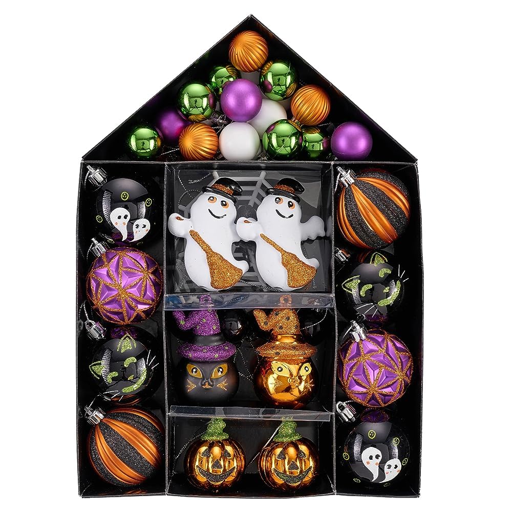 Valery Madelyn Halloween Ornaments Tree Decorations, 40ct Medium Shatterproof Ghost Cat Jack-o -Lantern Pumpkin Hanging Ball Orn