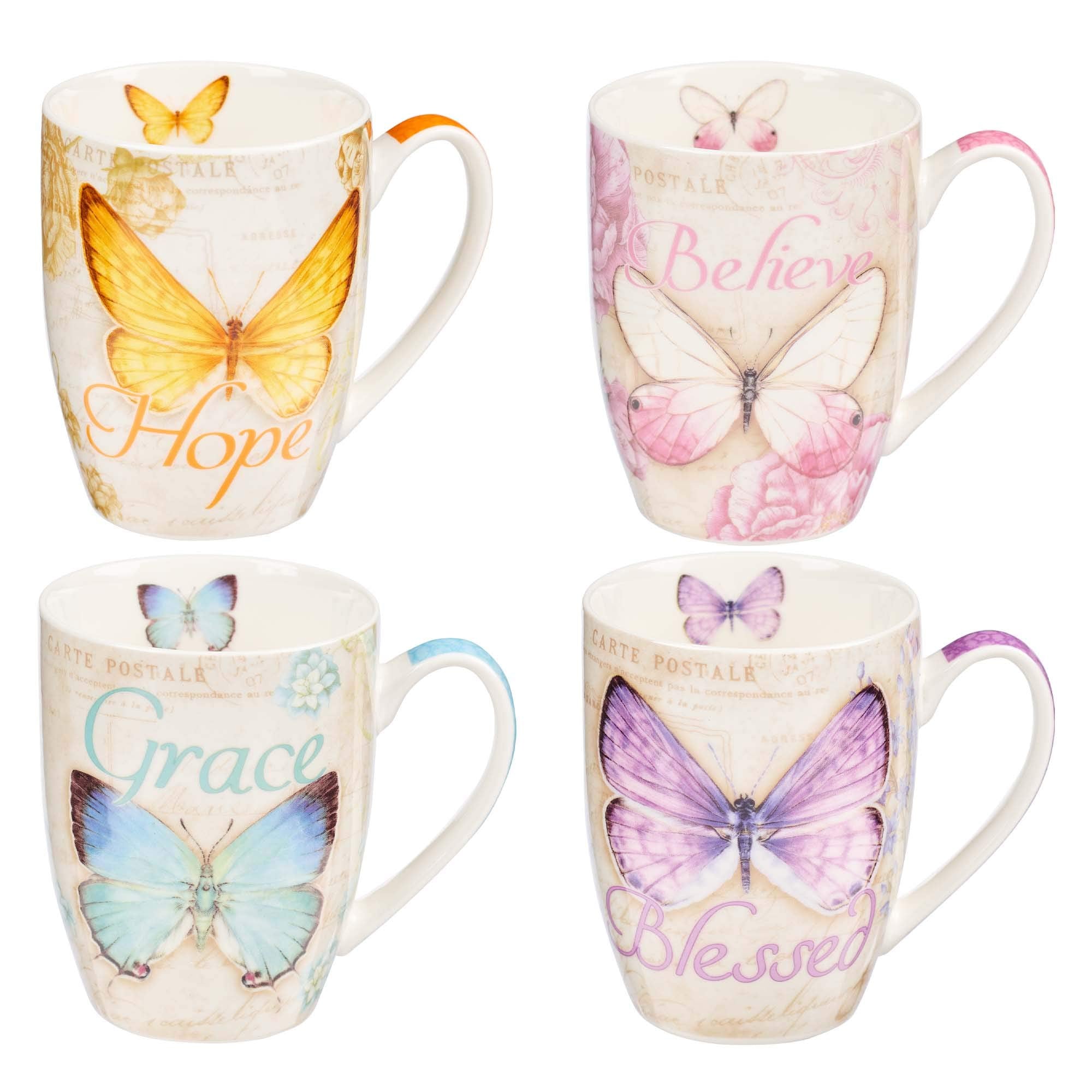 Christian Art Gifts Botanic Butterfly Blessings Coffee/Tea Mug Set W/Scripture Teal Grace Butterfly, Purple Blessed Butterfly, P