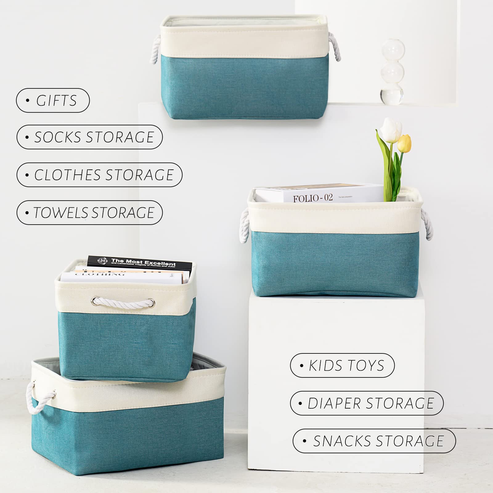 TcaFmac Storage Basket for Organizing - Large 4 Pack Fabric Storage Bins Baskets for Shelves with Ropes  Collapsible Storage Cubes for Closet Cloth Toy Organizer(White & Green16x12x8 inch)