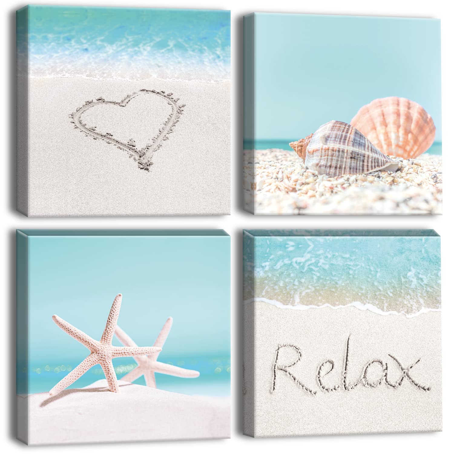 Otostar 4 Pieces Wall Art Canvas Prints - Seashell Starfish And Beach Picture Painting - Modern Wall Artwork Framed For Gifts Ba