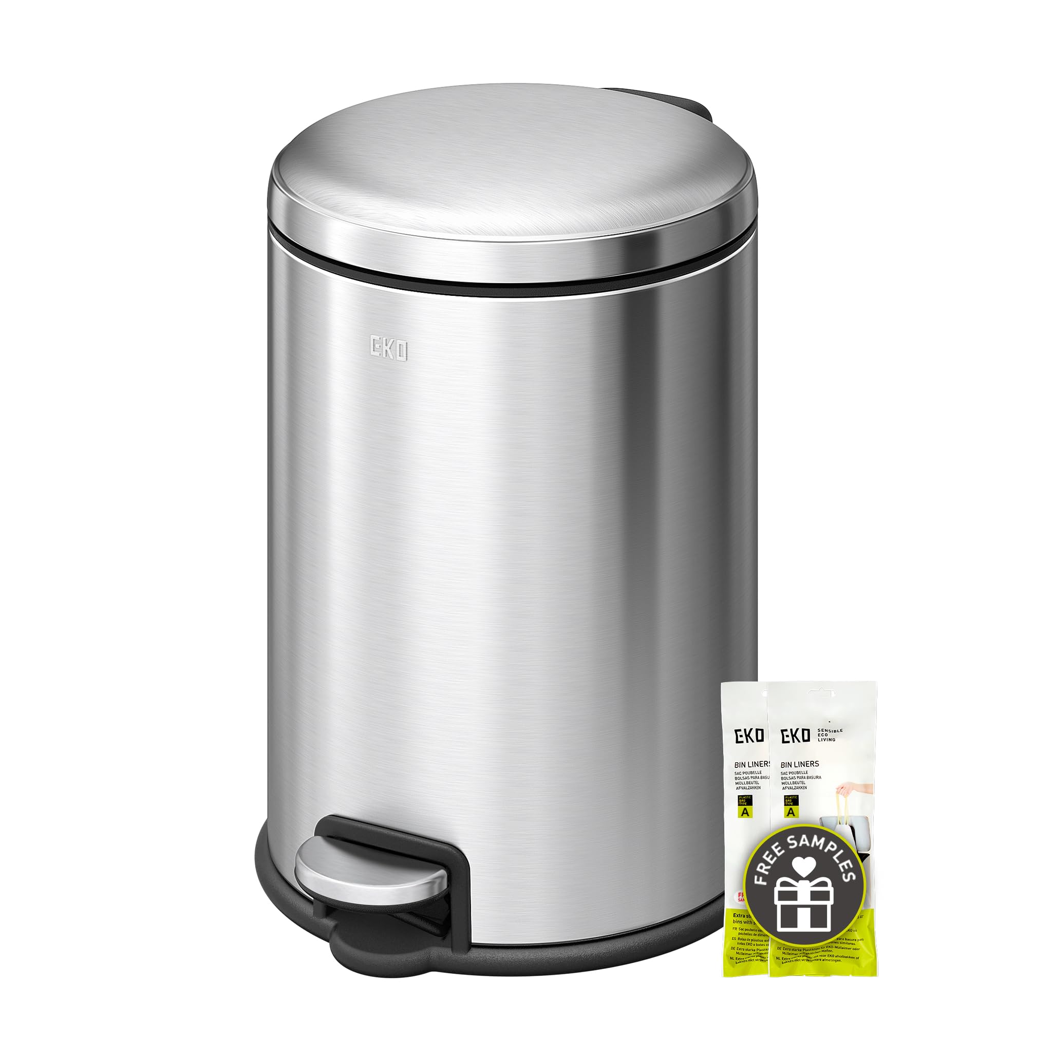 EKO Serene 5L / 1.32 Gallon Step Trash Can with Lid, Small Stainless Steel Round Garbage Can with Removable Inner Bucket, Compac