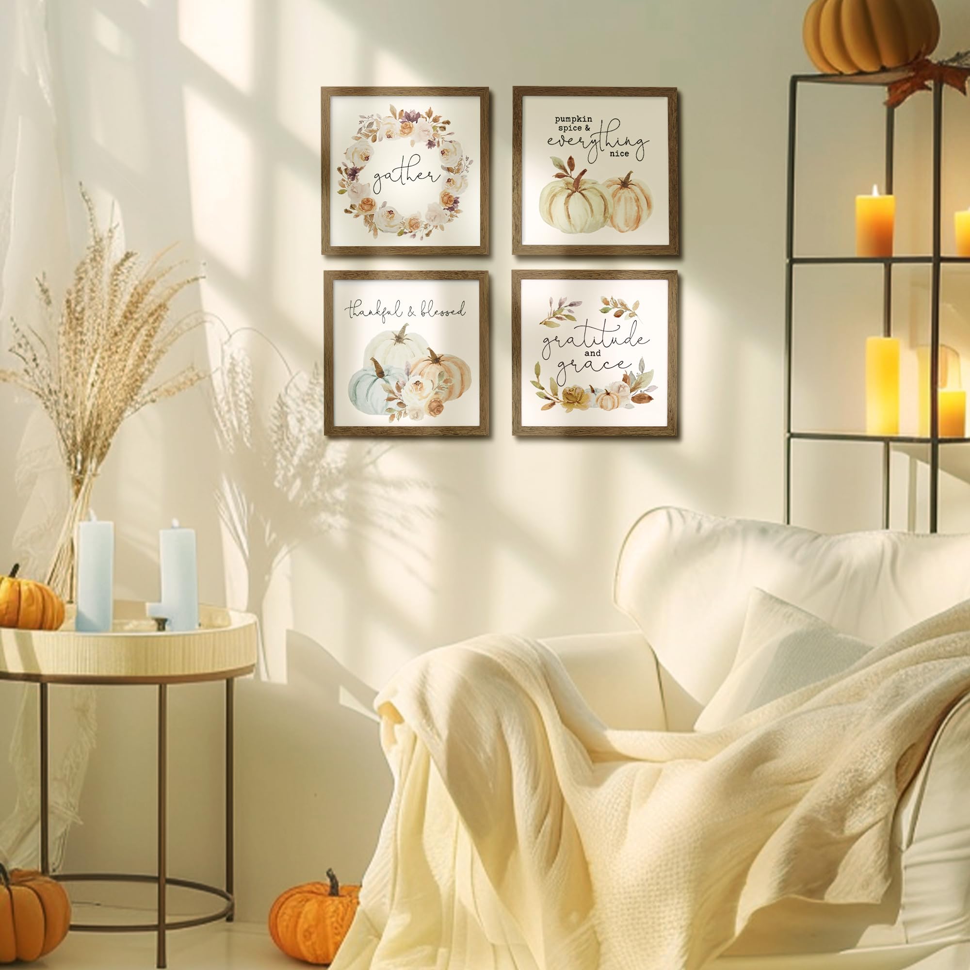 ArtbyHannah Fall Wall Art Decor for Indoor Decorations Framed with Autumn Harvest Thanksgiving Pumpkin Prints  Extra Halloween Prints Decorations for Home  4 Pack 10x10 Inch Walnut Frame
