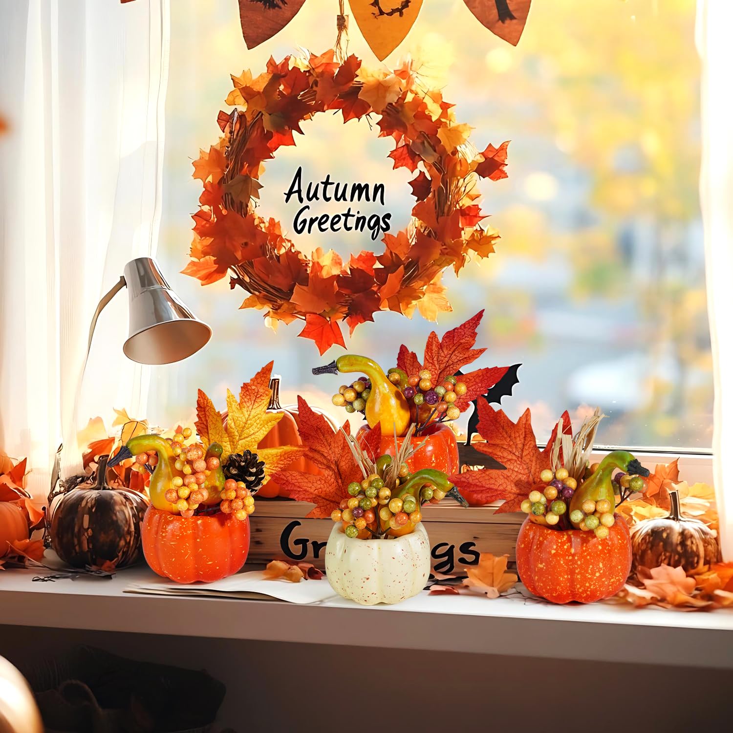 Artmag Set of 6 Artificial Pumpkins Decorations, Decorative Orange Pumpkin with Maple Berry Acorn Pine Cone Vegetables for Fall