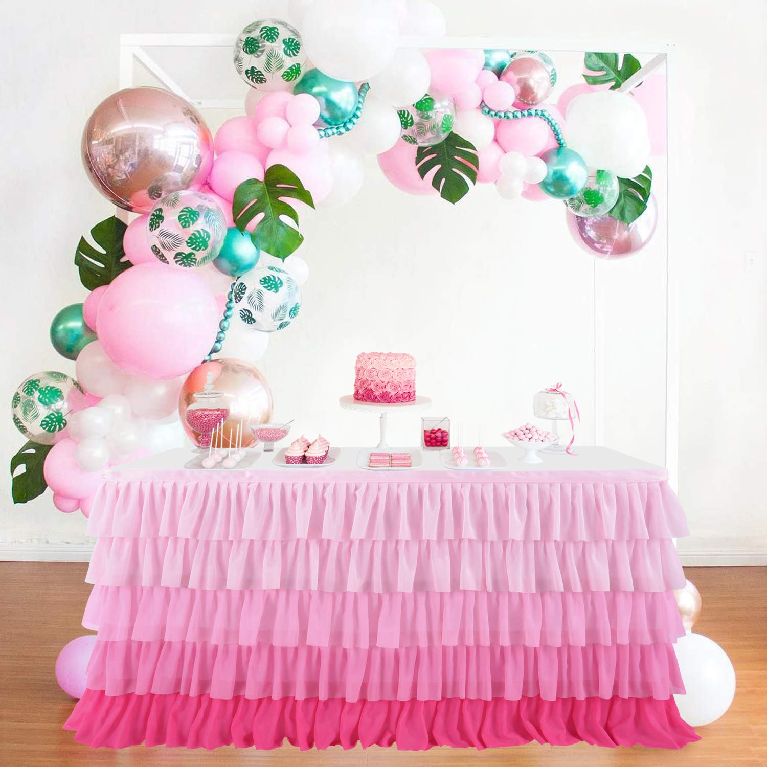 Besutolife Pink Table Skirt Tutu Ruffled Tablecloth For Rectangle Table 6Ft Baby Shower Birthday Party Unicorn Home Gradient Pin