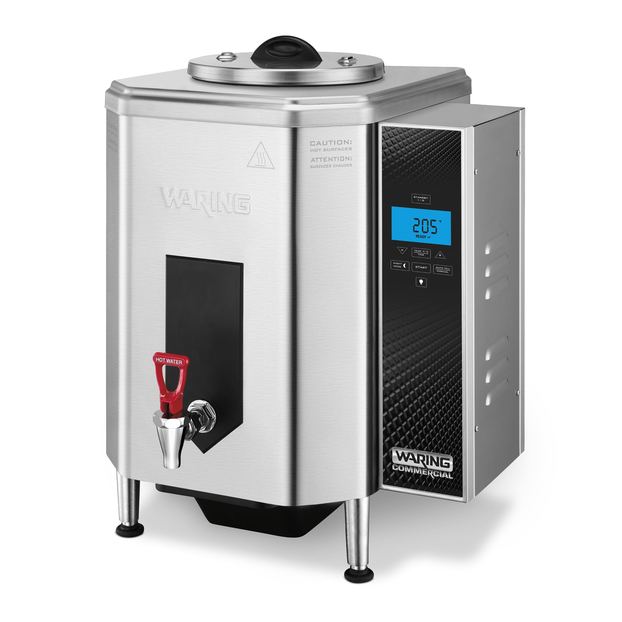 Waring Commercial Hot Water Dispenser, 10-Gallon Capacity, Digital LCD Controls, 150-205F Temperature Range, Night Mode, for Res