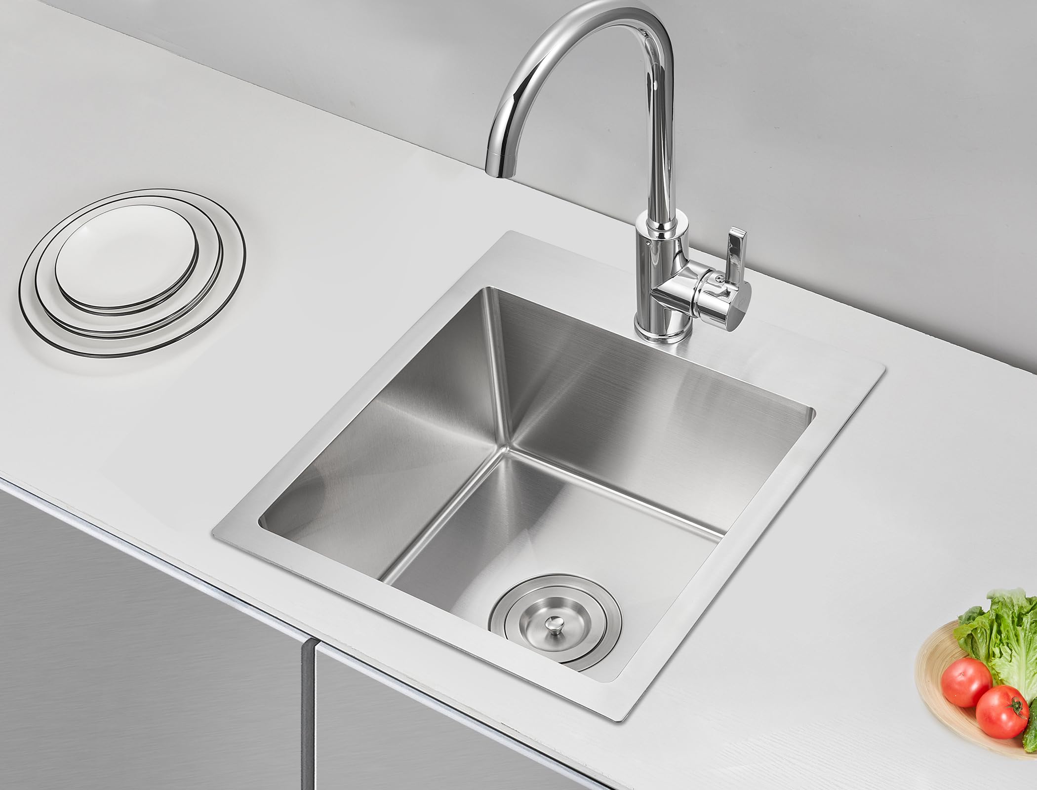 Popfly 15 Inch Bar Prep Sink, Sus 304 Stainless Steel Top Mount Handmade Single Bowl 18 Gauge Drop In Kitchen Small Rv Sink, Bru