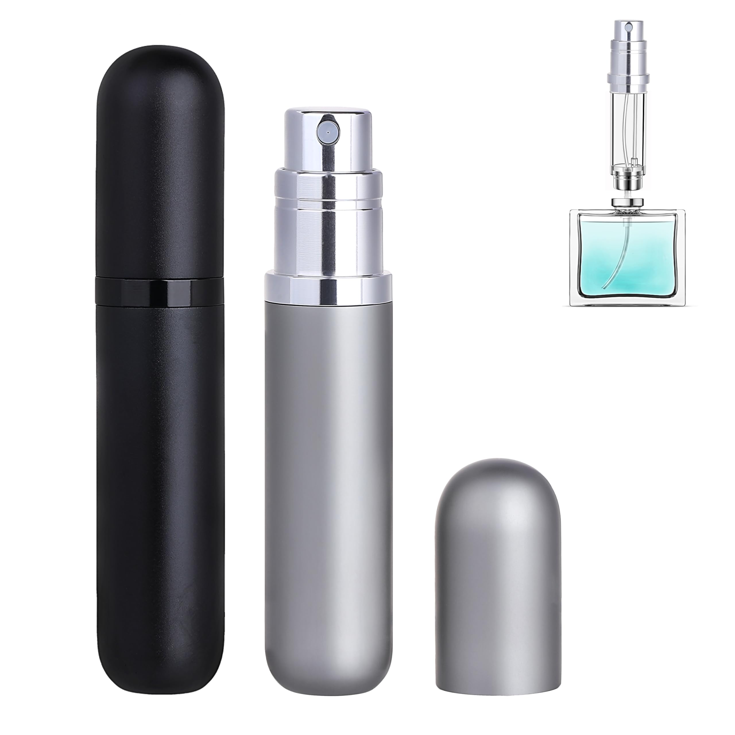 Qavhun Travel Refillable Perfume Atomizer Bottle 2-Pack 5Ml Leakproof Travel Perfume Refillable Bottle (Black & Gray)