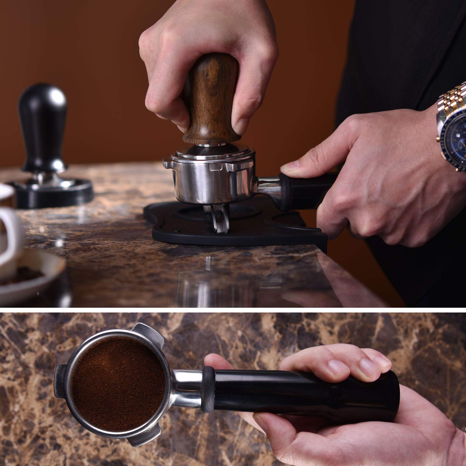 Matow 53Mm Calibrated Espresso Tamper, Calibrated Coffee Tamper With Spring Loaded Wooden Handle Stainless Steel Flat Base, Prof