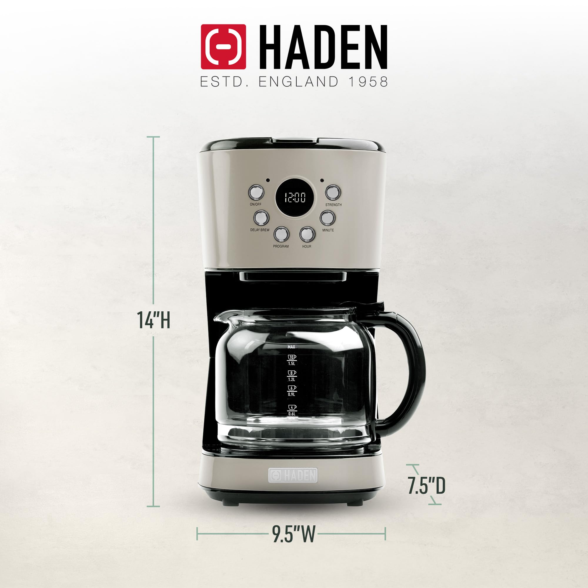 Haden Coffee Machine, 12 Cup Programmable Drip Coffee Maker With Auto Shut-Off Function And Reusable Washable Water Filter, Putt