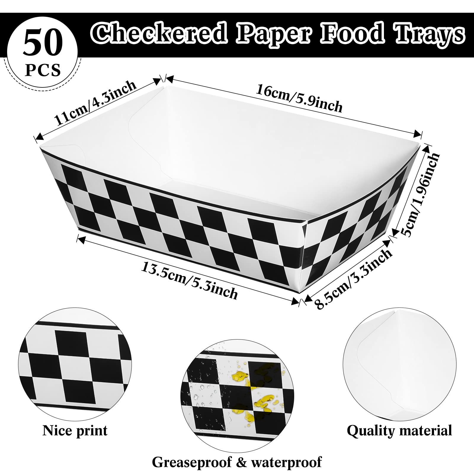 50 Pcs Checkered Paper Food Trays With 50 Deli Liner Disposable Racing Party Food Boat Black And White Plaid Food Serving Tray F