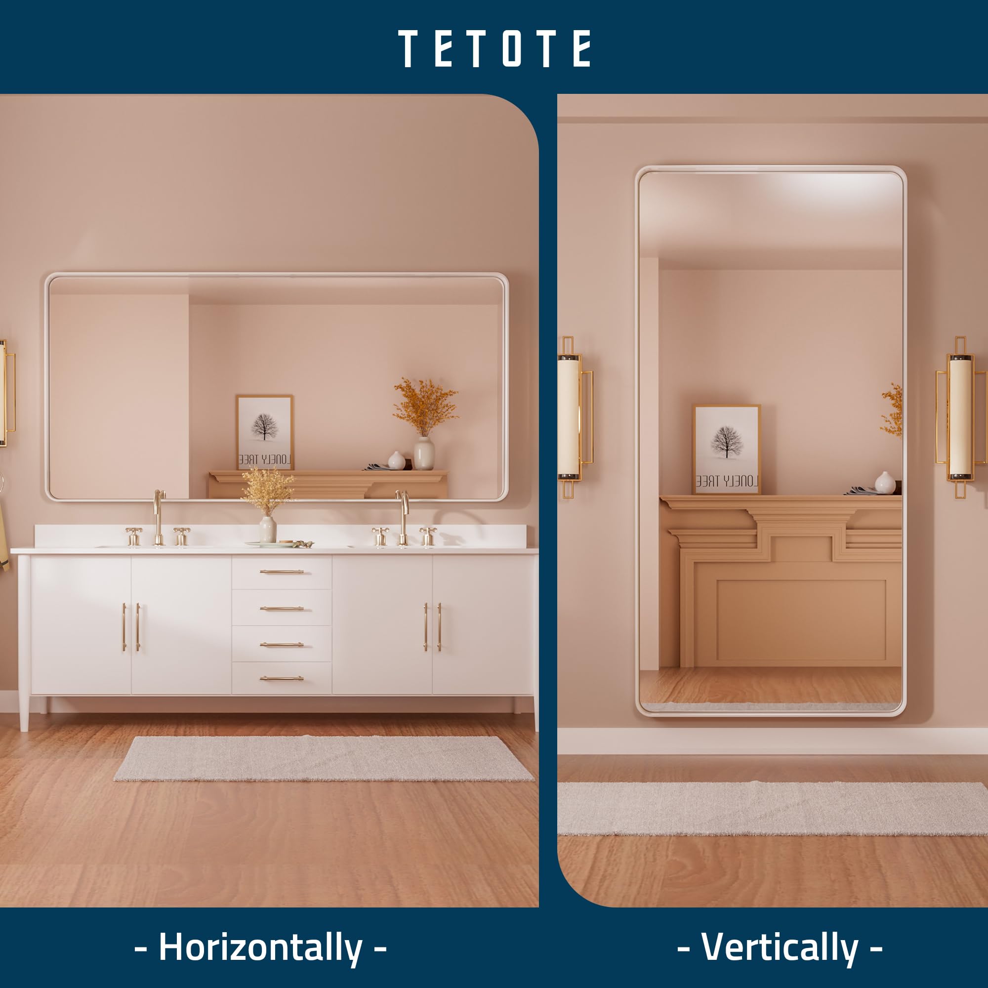 Tetote White Bathroom Mirror 72 X 36 Metal Frame Wall Mounted Rectangle Mirror For Vanity With Sandy Textured Surface(Horizontal
