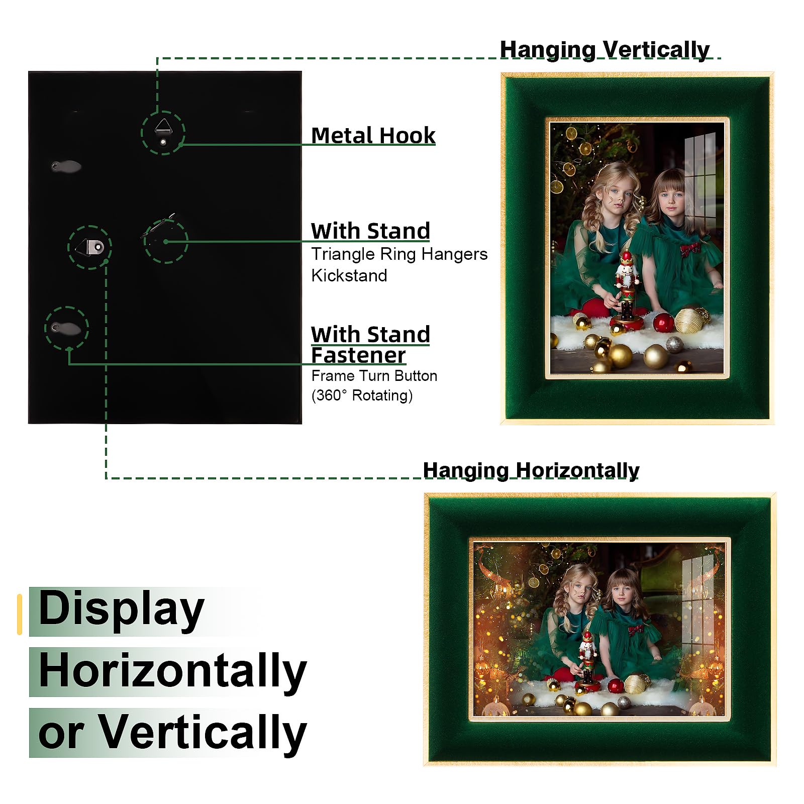 KSROECUD 5x7 Velvet Picture Frame, Green Photo Frames with Modern Simple Metallic Gold Border, HD Real Glass Horizontal & Vertic