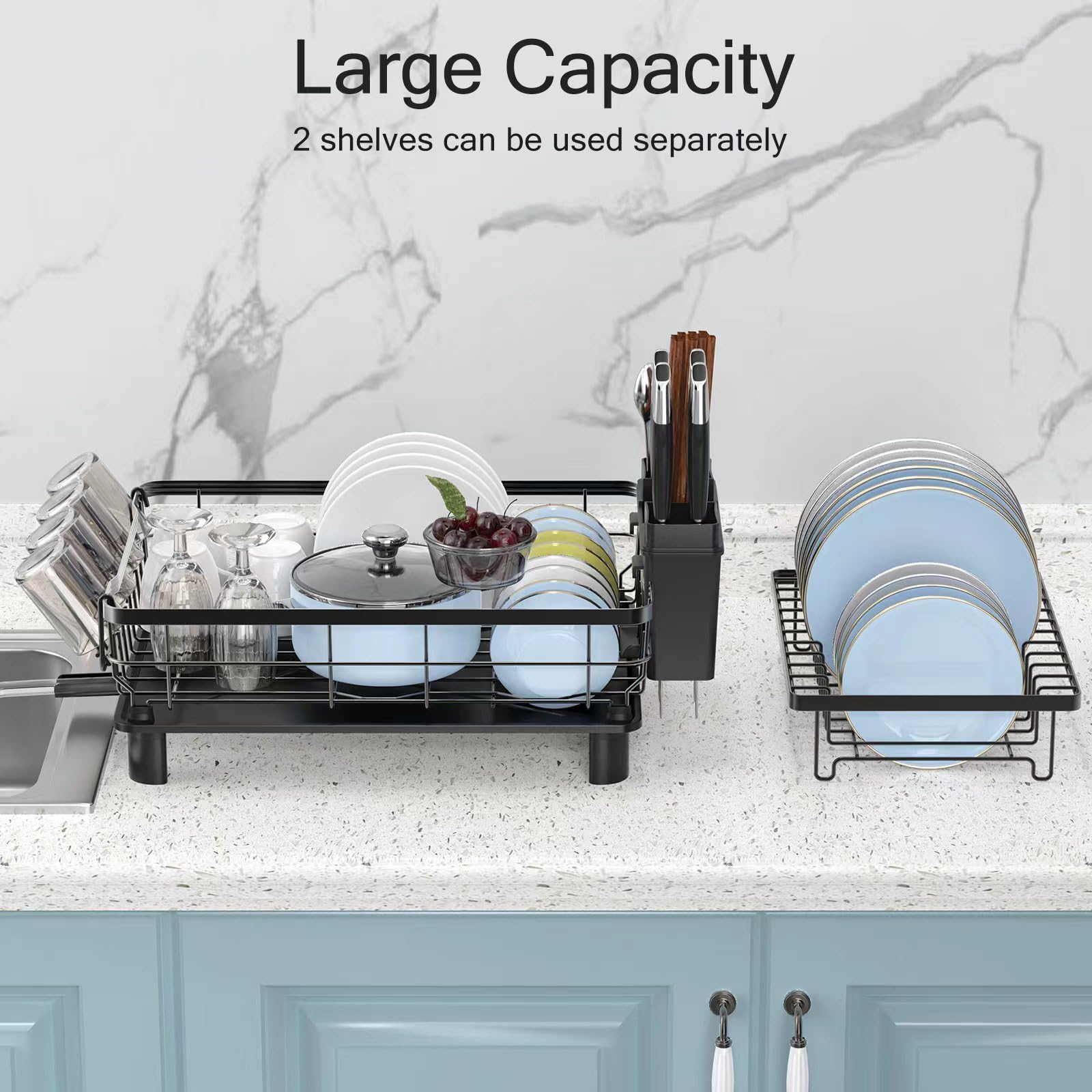 Dmtxcrp Dish Drying Rack, Space Saving & Durable, Rust-Proof Large 2 Tier Stainless Steel Dish Racks For Kitchen Counter With Cu