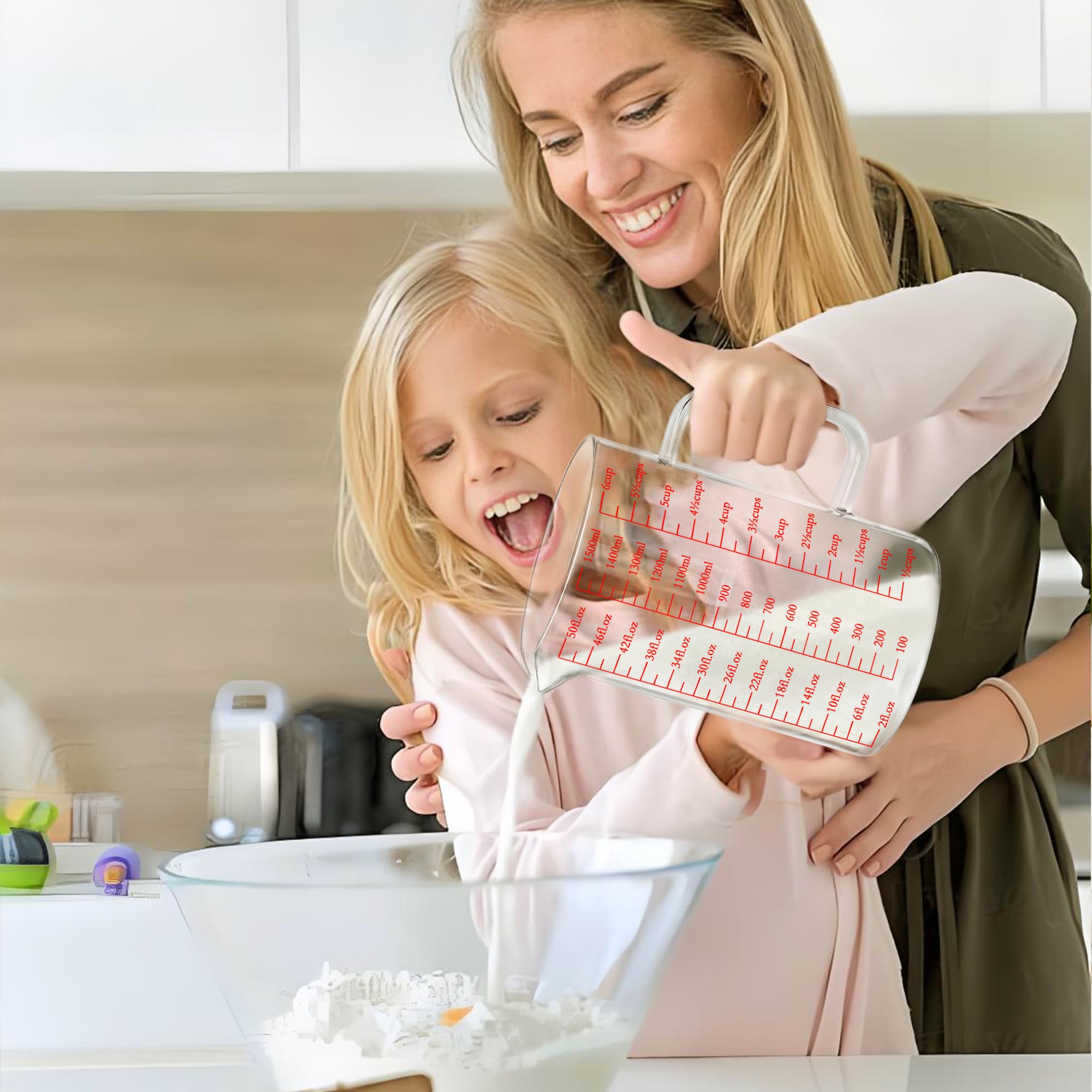 Luvan 50oz/6 Cups Glass Measuring Cup  Easy to Read with 3 measurement scales (Ml/Oz/Cup)  Insulated Handle and V-shaped Spout  High Borosilicate Glass Measuring Cup  Ideal for Kitchen or Restaurant