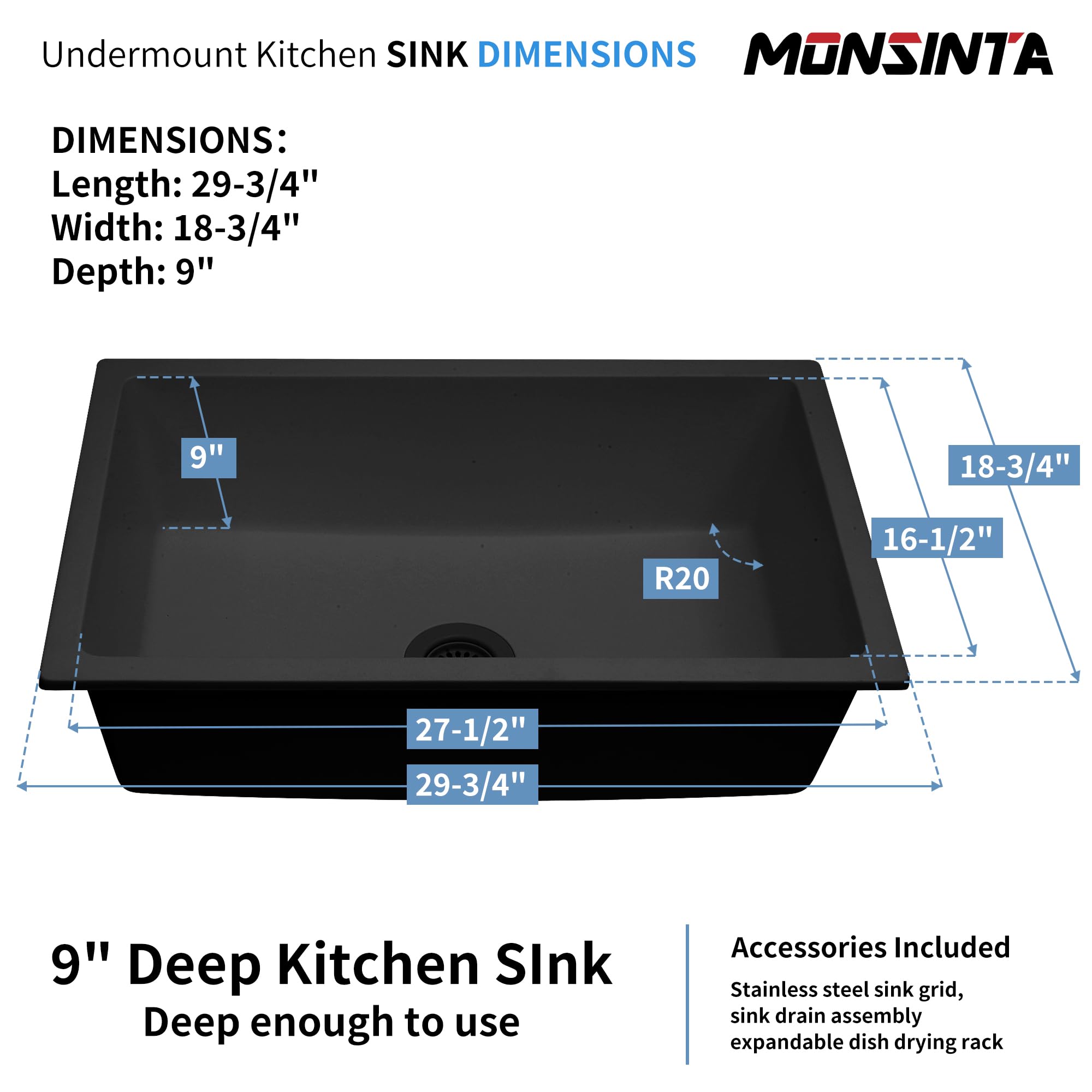 Monsinta Undermount Kitchen Sink, 30 Inch Matte Black Kitchen Sink, Granite Composite Single Bowl Kitchen Sink,Kitchen Sink Unde