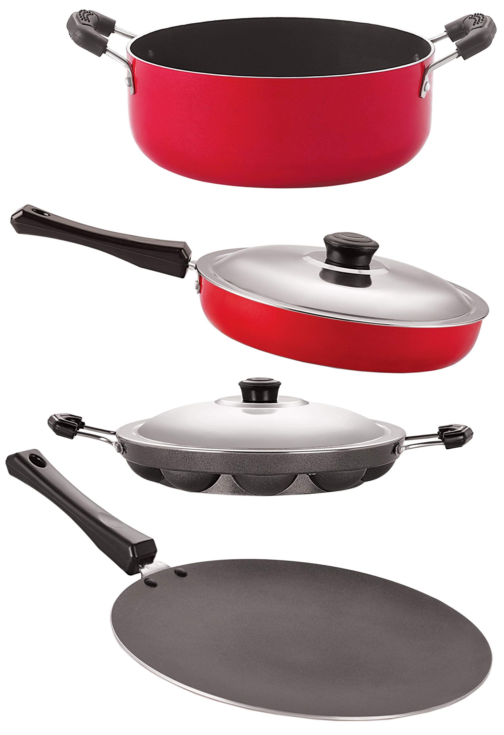 Nirlon Non Stick Aluminium Pfoa Free NonToxic Durable Kitchenware,4 Pieces (Red & Black) (Ct12_Fp12_Ap12_Cs24)