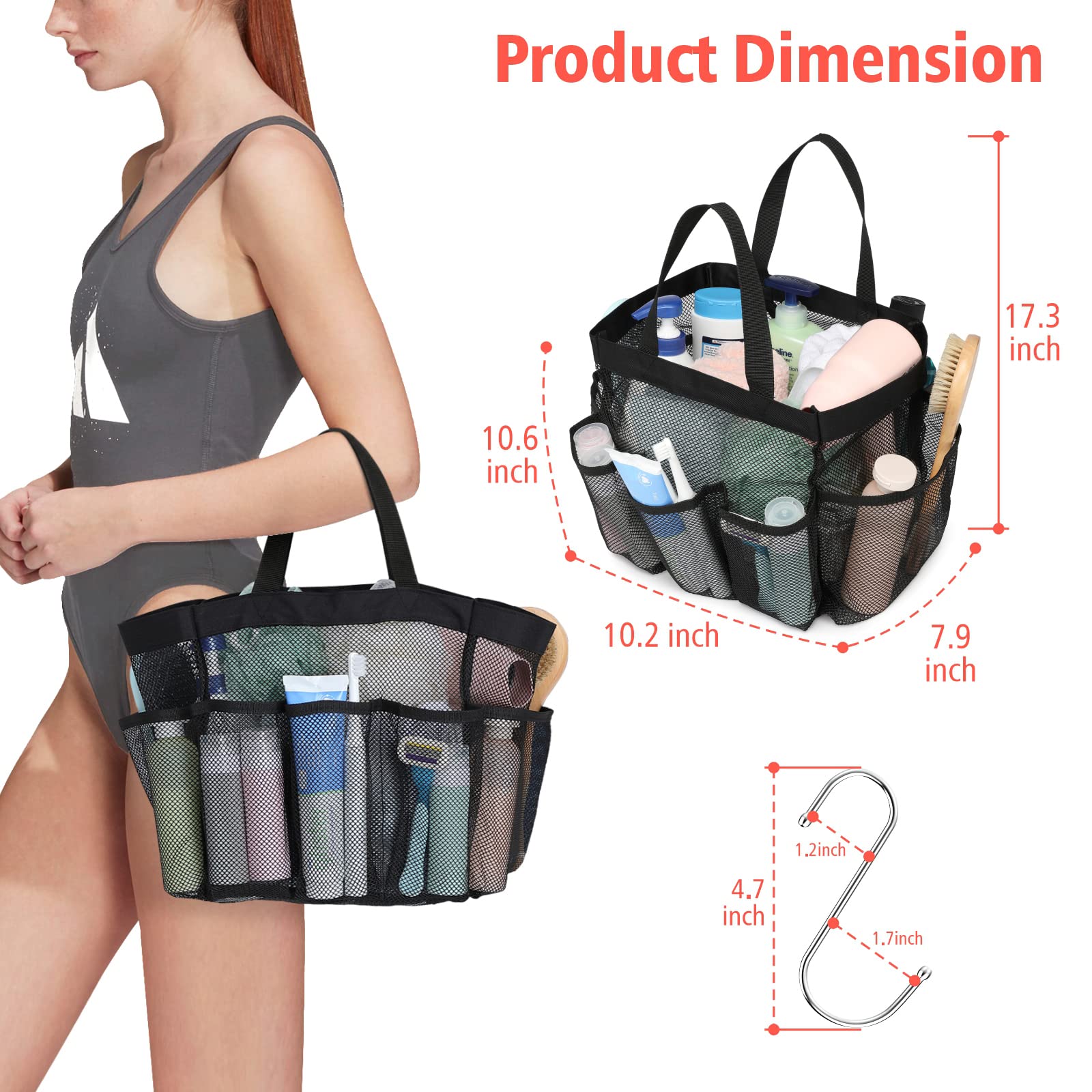F-Color Mesh Shower Caddy Portable, Upgrade Deeper 7 Pockets Basket Bag Tote For College Dorm Room Toiletry Bathroom Essentials